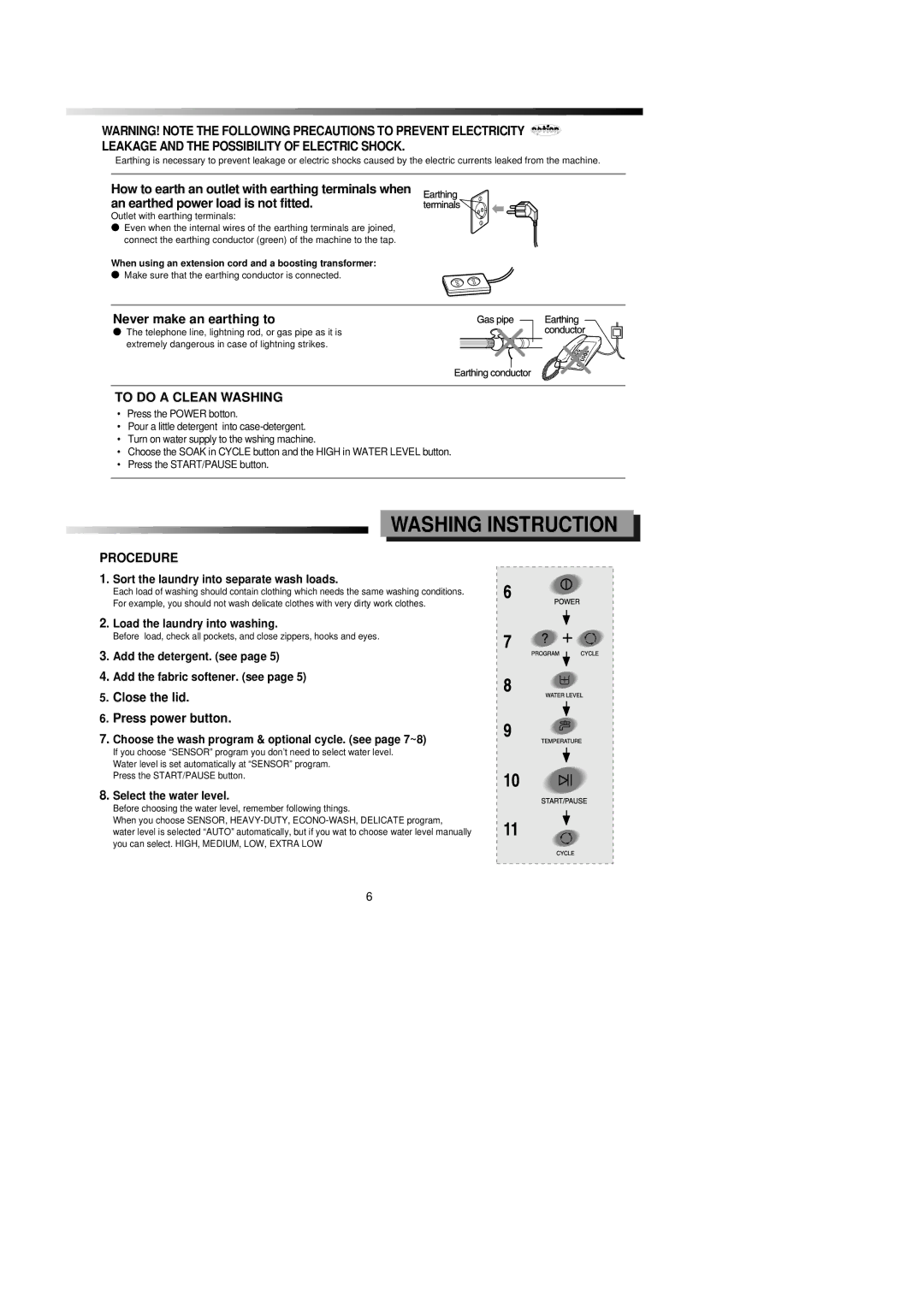 Samsung SW80ASP, SW95ASP manual Washing Instruction, Never make an earthing to, To do a Clean Washing, Procedure 