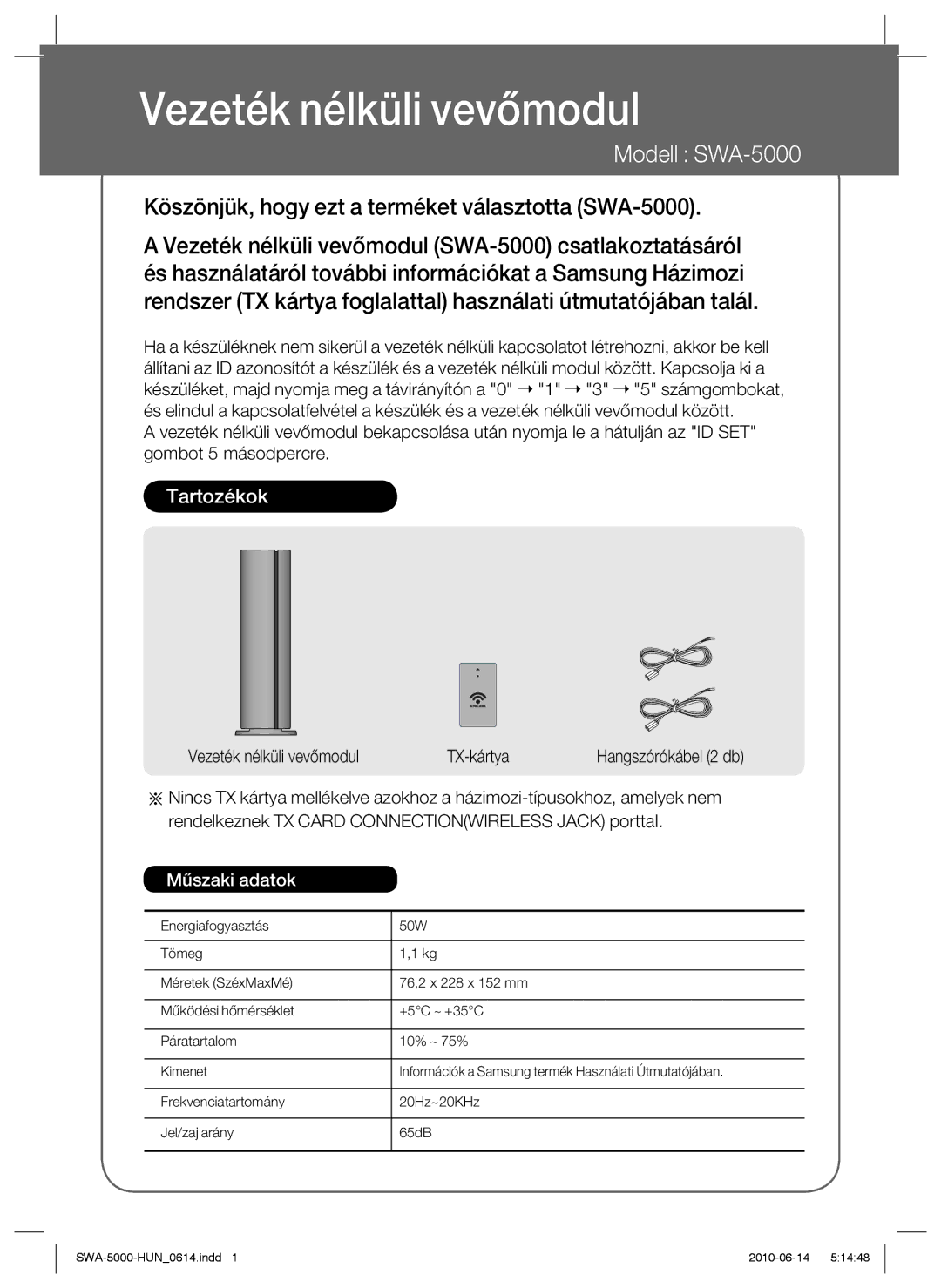 Samsung SWA-5000/XEE, SWA-5000/EDC manual Vezeték nélküli vevőmodul, Modell SWA-5000 