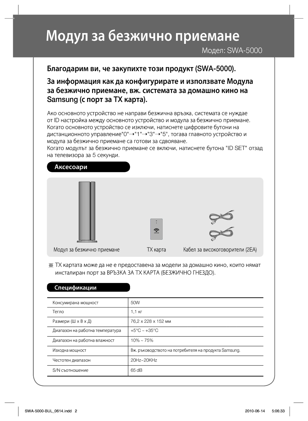 Samsung SWA-5000/EDC manual Модул за безжично приемане, Модел SWA-5000 