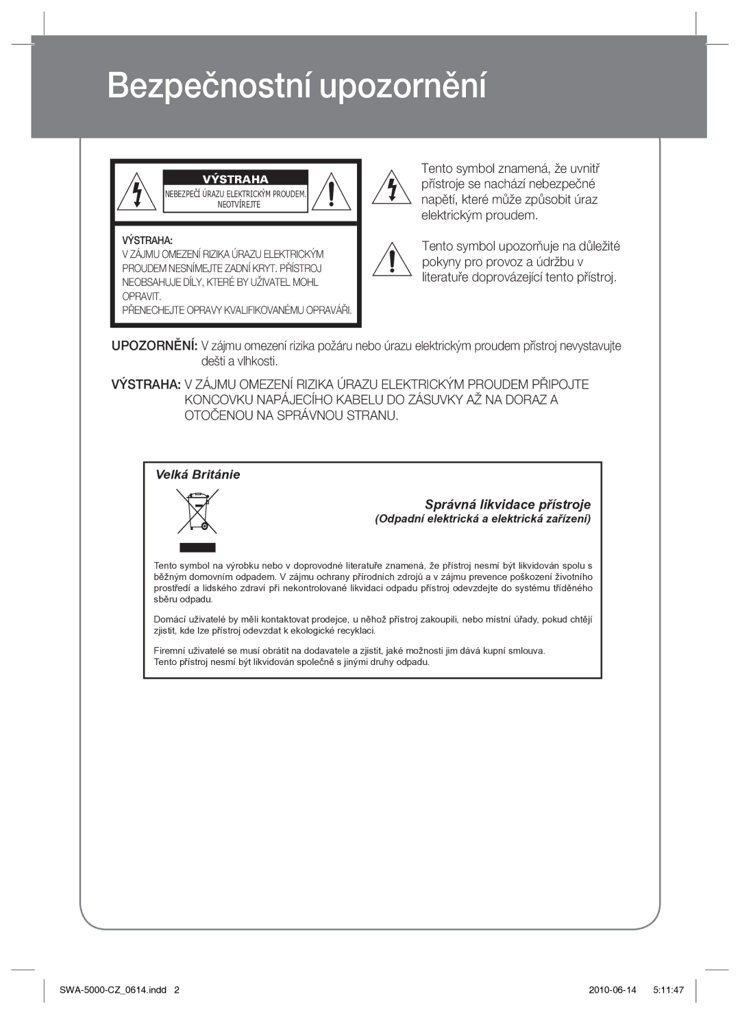 Samsung SWA-5000/EDC manual Bezpečnostní upozornění, Výstraha, Opravit 