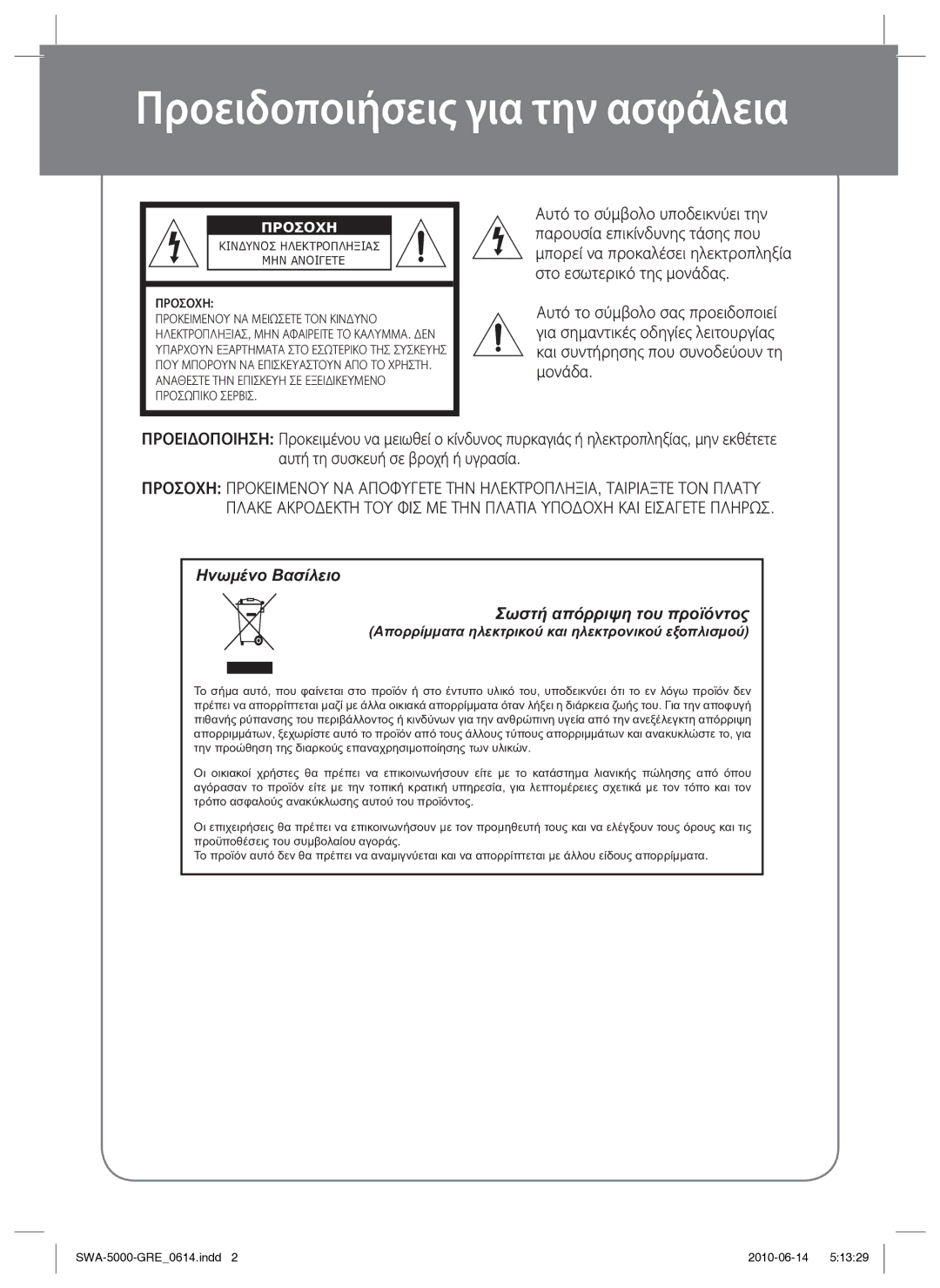 Samsung SWA-5000/EDC manual Προειδοποιήσεις για την ασφάλεια, Προσοχη 