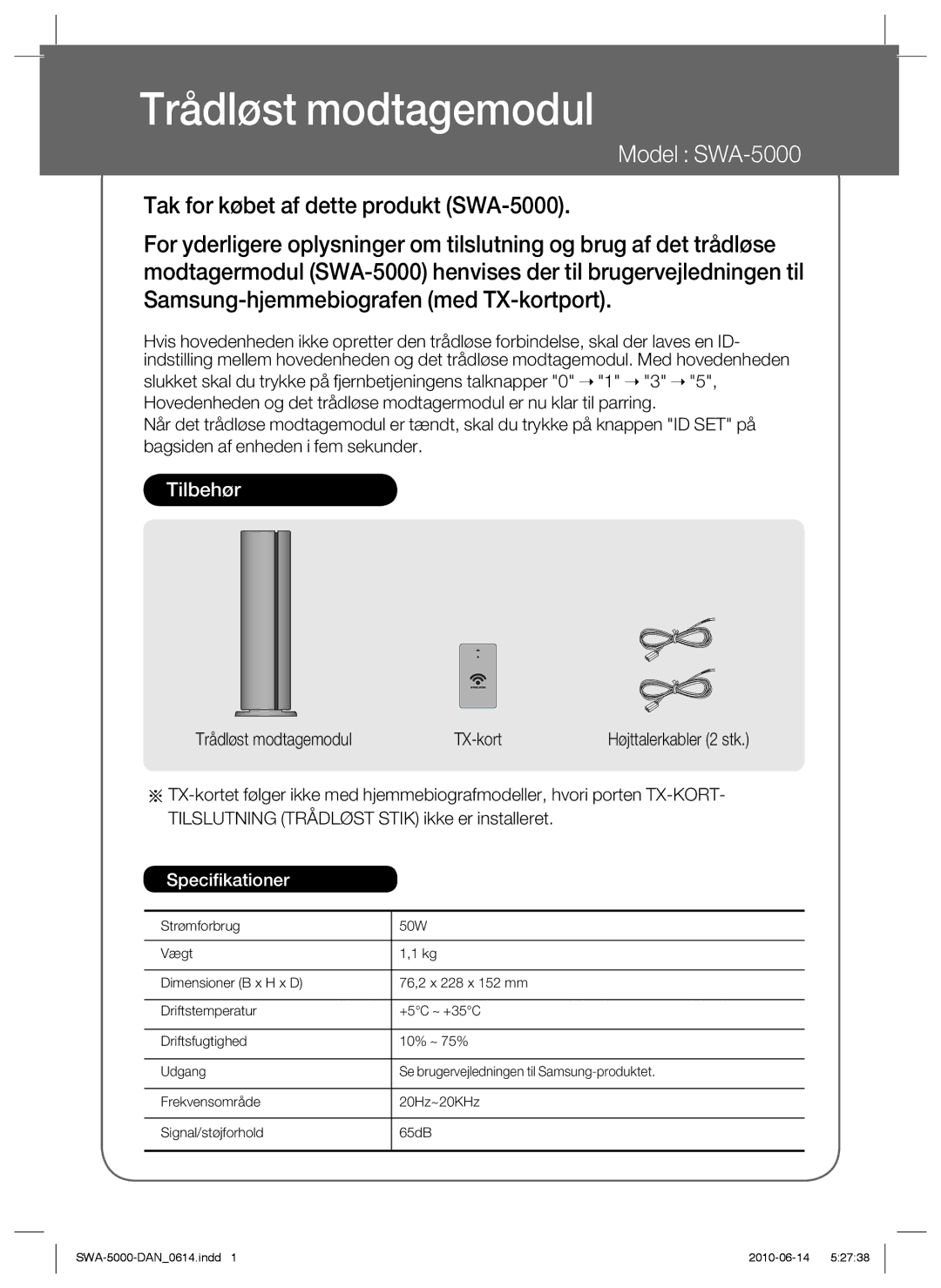 Samsung SWA-5000/XEE manual Trådløst modtagemodul, Model SWA-5000 