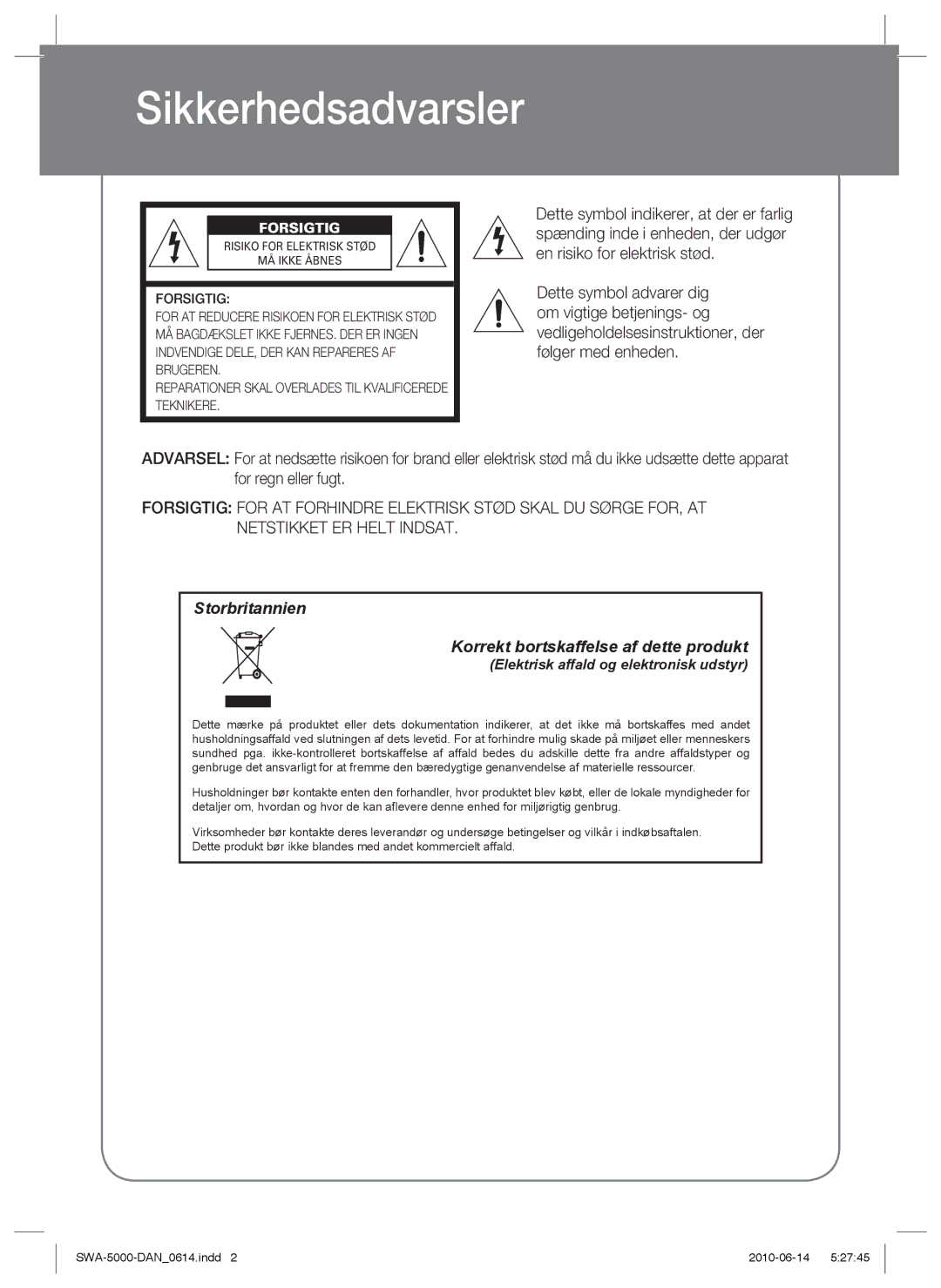 Samsung SWA-5000/XEE manual Sikkerhedsadvarsler, Forsigtig 