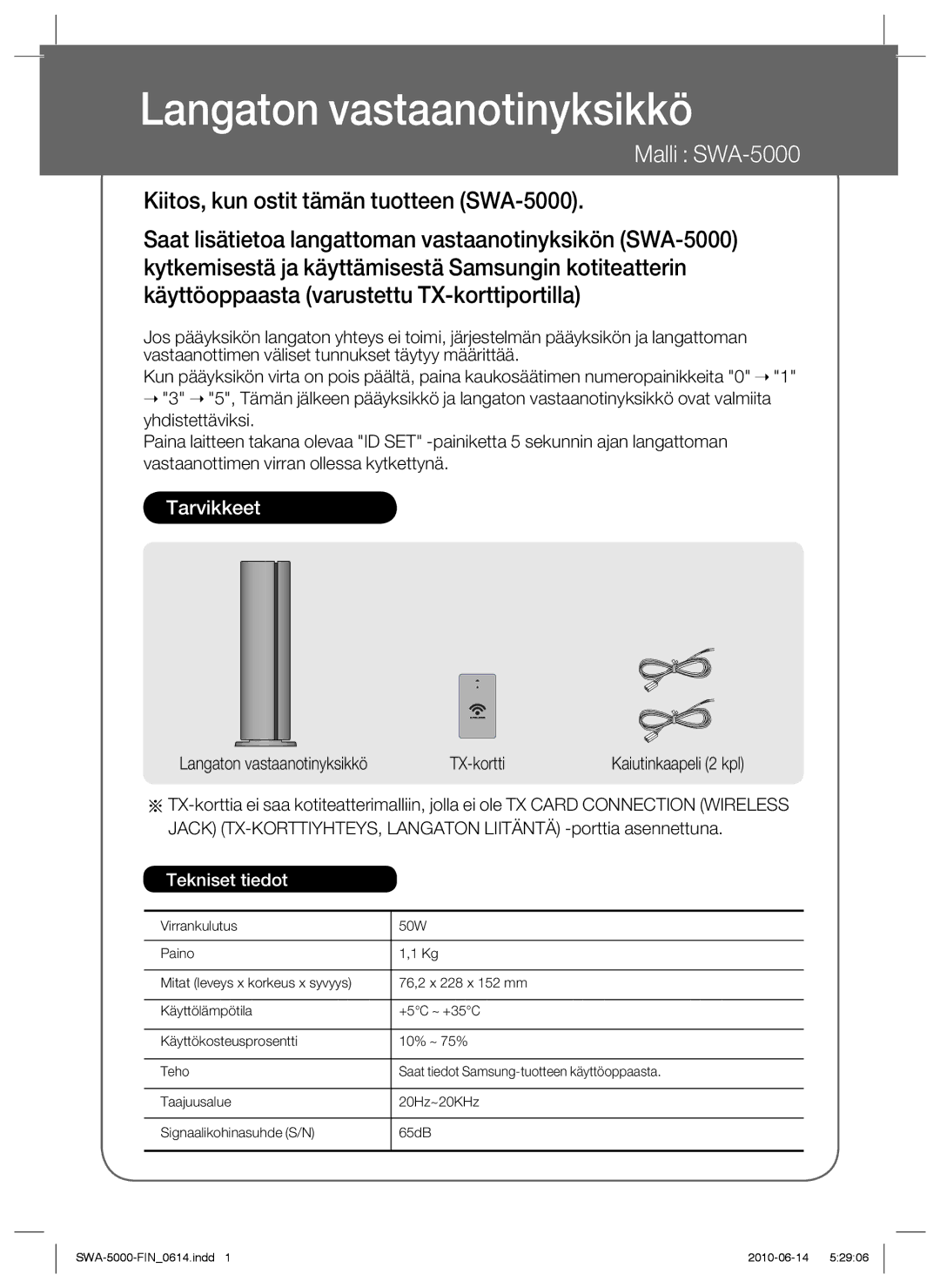 Samsung SWA-5000/XEE manual Langaton vastaanotinyksikkö, Malli SWA-5000 