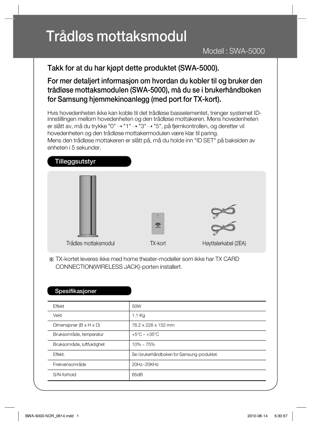 Samsung SWA-5000/XEE manual Trådløs mottaksmodul, Modell SWA-5000 