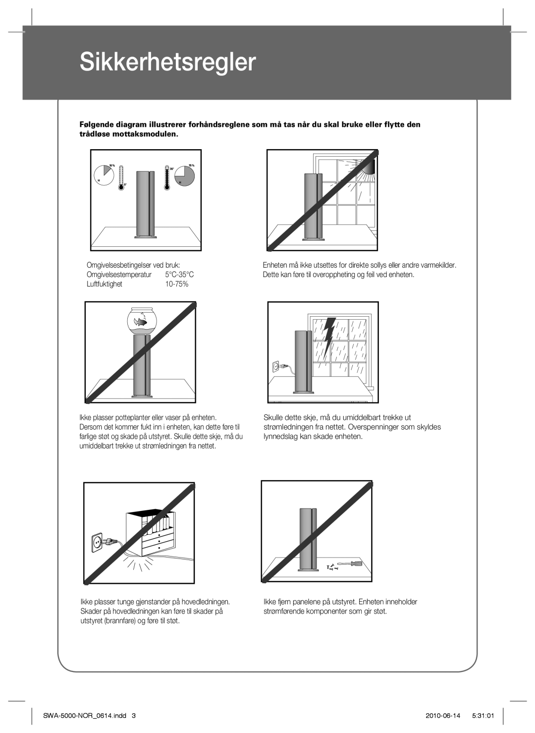 Samsung SWA-5000/XEE manual Sikkerhetsregler, AH68-01877B 