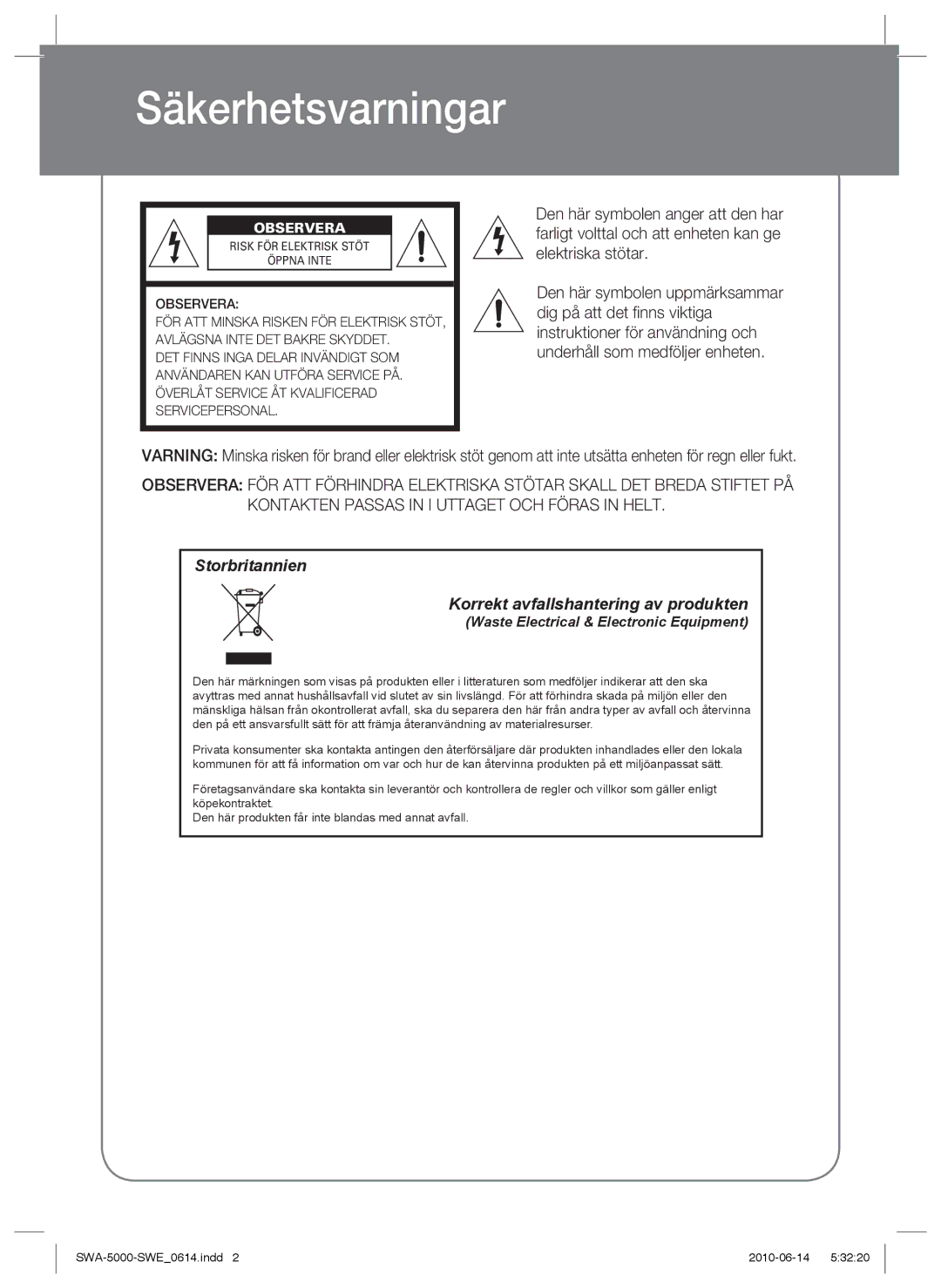 Samsung SWA-5000/XEE manual Säkerhetsvarningar, Observera 