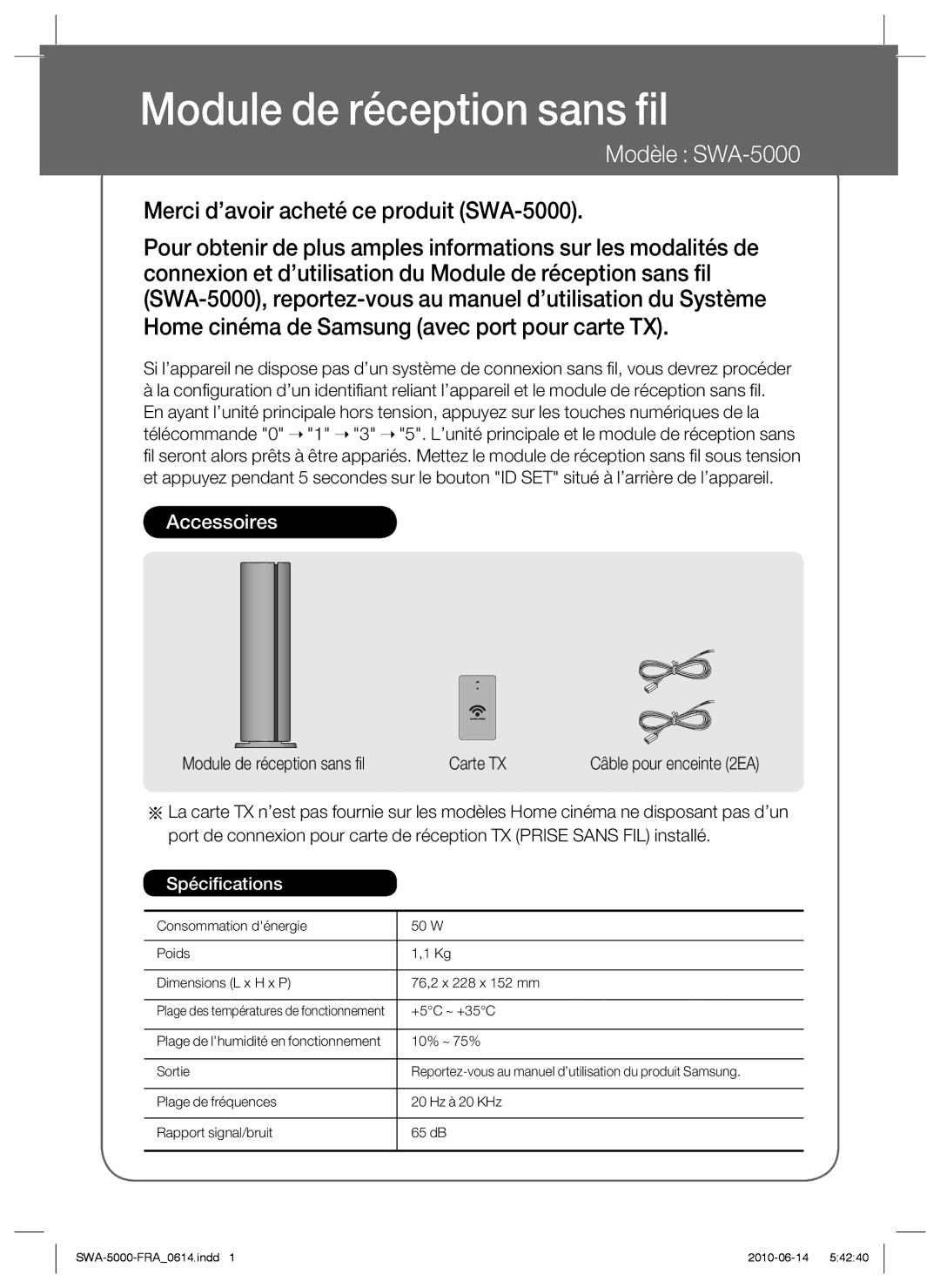 Samsung SWA-5000/XEF manual Module de réception sans fil, Modèle SWA-5000 