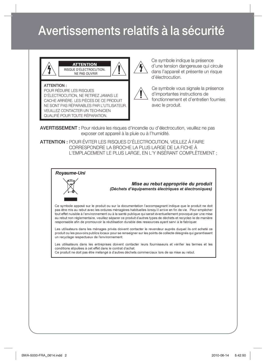 Samsung SWA-5000/XEF manual Avertissements relatifs à la sécurité, Royaume-Uni Mise au rebut appropriée du produit 