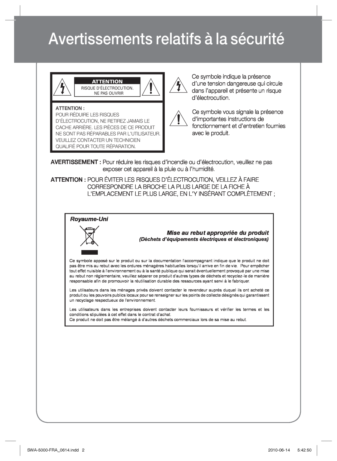 Samsung SWA-5000/XEF manual Avertissements relatifs à la sécurité, Royaume-Uni Mise au rebut appropriée du produit 