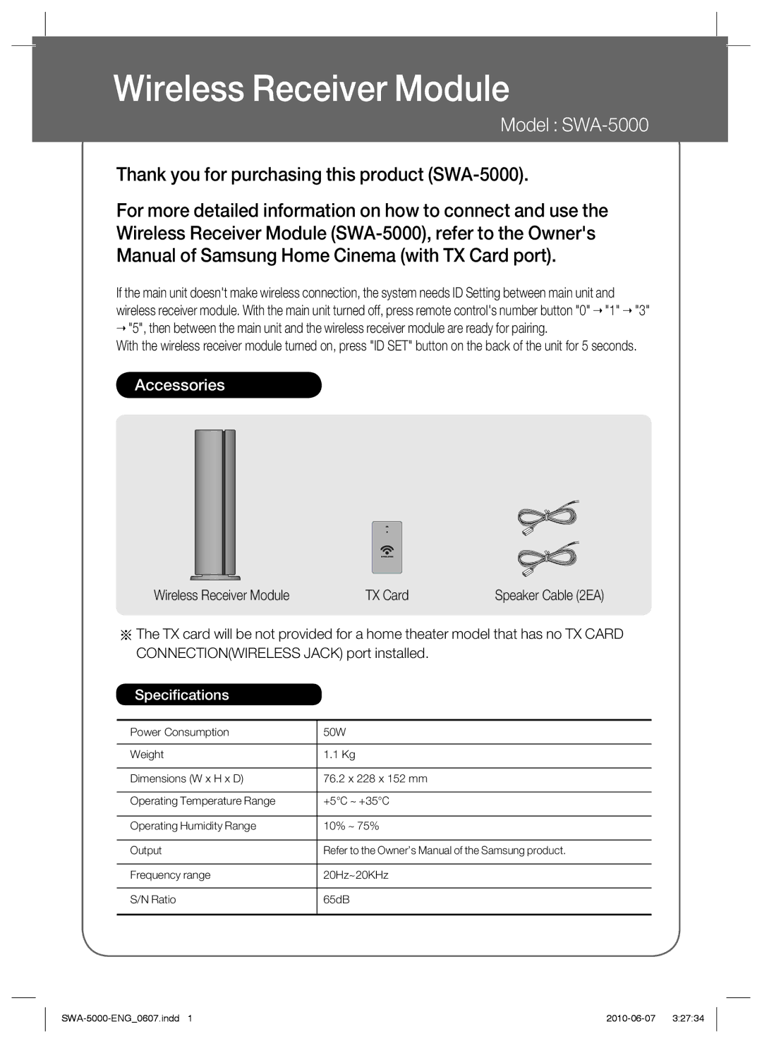 Samsung SWA-5000/EDC, SWA-5000/XEN, SWA-5000/XEF, SWA-5000/XEE manual Wireless Receiver Module, Model SWA-5000 