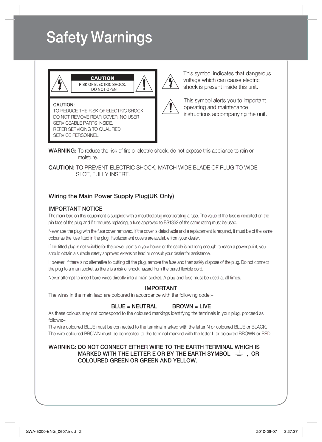 Samsung SWA-5000/XEF, SWA-5000/XEN, SWA-5000/EDC, SWA-5000/XEE Safety Warnings, Wiring the Main Power Supply PlugUK Only 