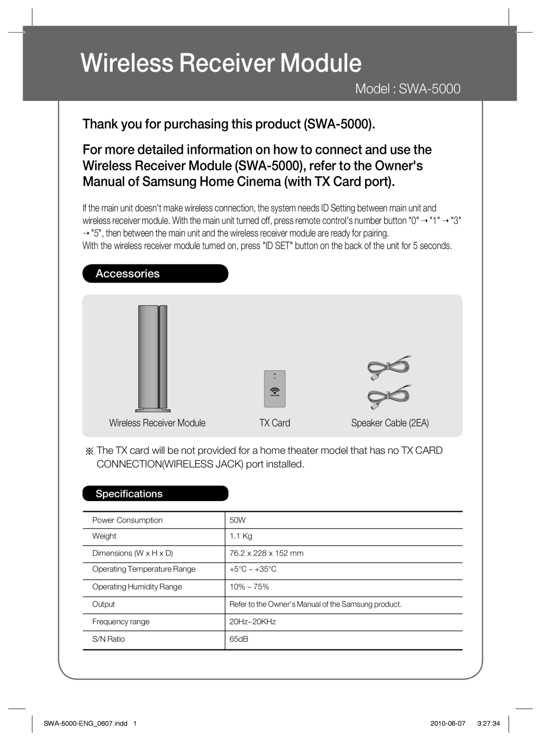 Samsung SWA-5000/XEF manual Module de réception sans fil, Modèle SWA-5000, Merci d’avoir acheté ce produit SWA-5000 