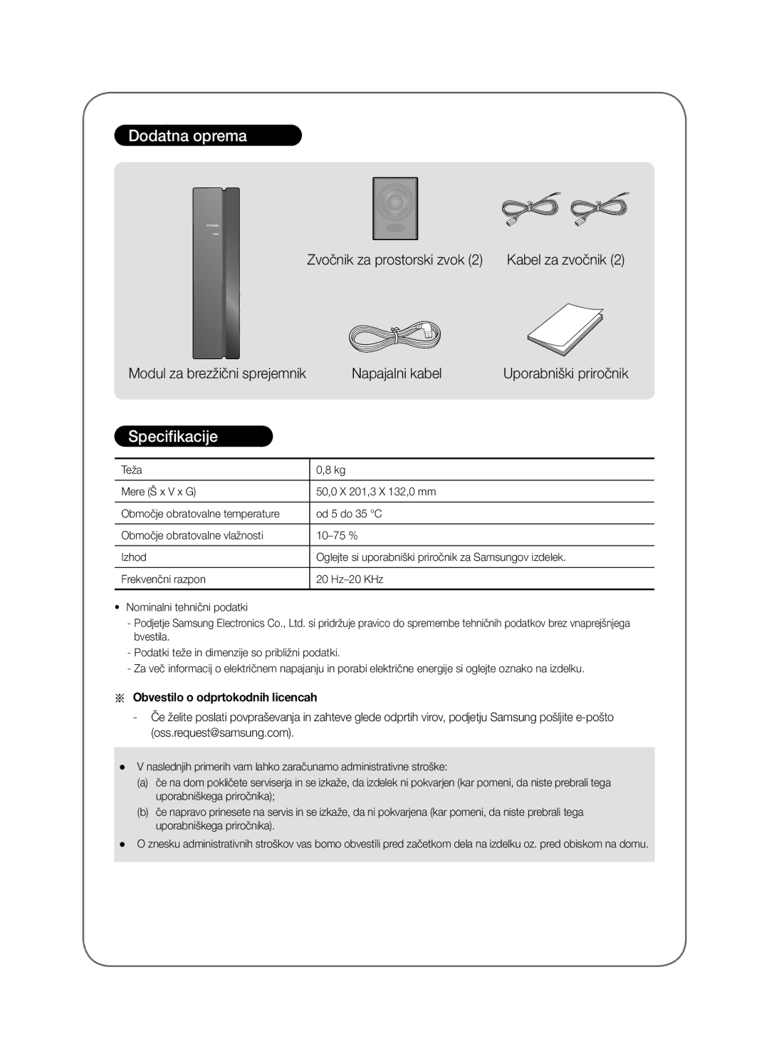 Samsung SWA-8000S/EN, SWA-8000S/ZF, SWA-8000S/XN, SWA-8000S/XE manual Dodatna oprema, Obvestilo o odprtokodnih licencah 