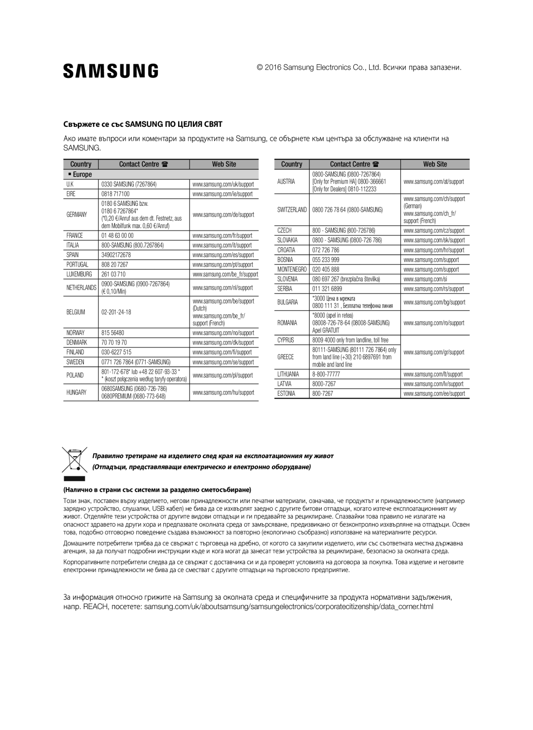 Samsung SWA-8000S/EN manual Свържете се със Samsung ПО Целия Свят, Налично в страни със системи за разделно сметосъбиране 