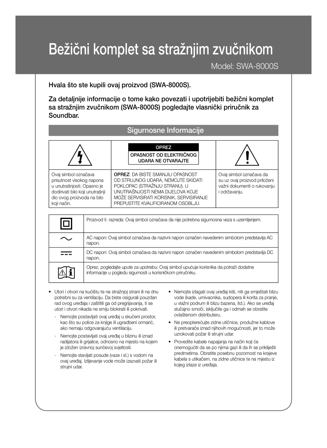 Samsung SWA-8000S/ZF, SWA-8000S/EN, SWA-8000S/XN, SWA-8000S/XE manual Sigurnosne Informacije, Oprez 