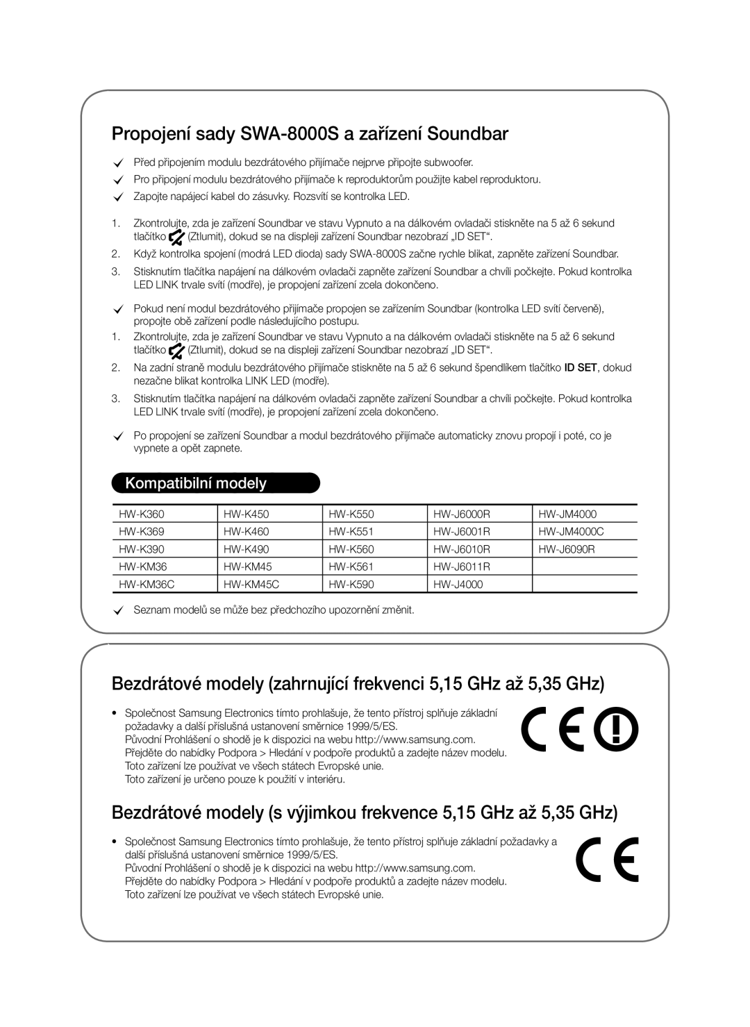 Samsung SWA-8000S/XE, SWA-8000S/EN, SWA-8000S/ZF manual Propojení sady SWA-8000S a zařízení Soundbar, Kompatibilní modely 