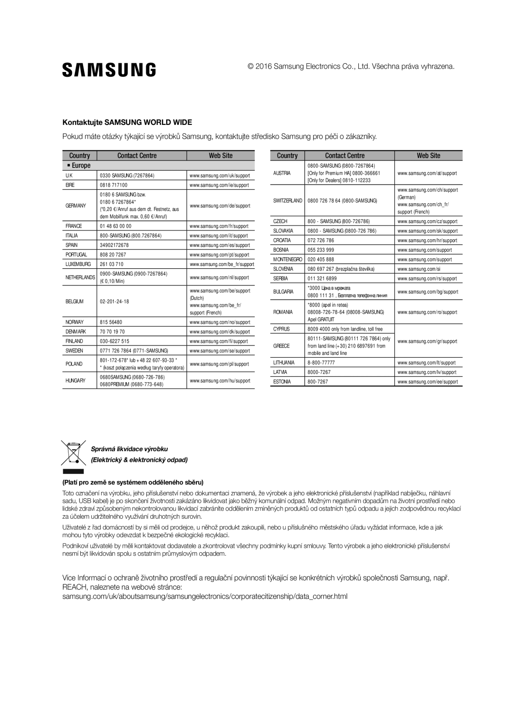 Samsung SWA-8000S/EN, SWA-8000S/ZF manual Kontaktujte Samsung World Wide, Platí pro země se systémem odděleného sběru 