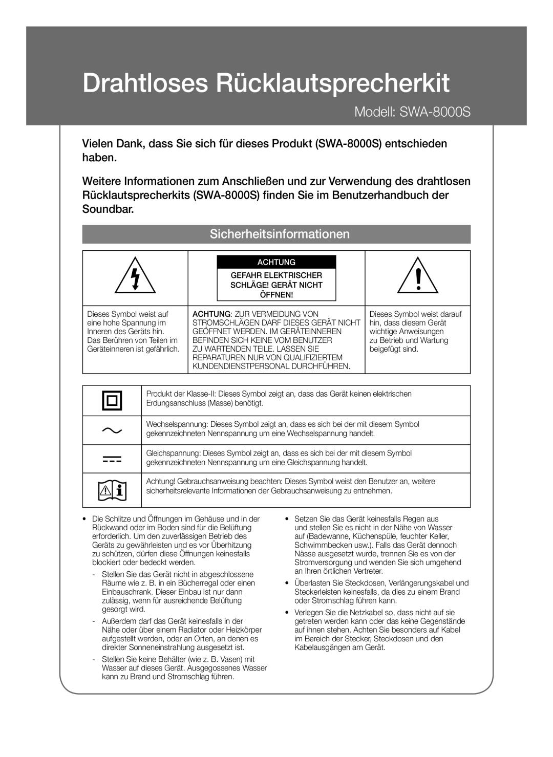 Samsung SWA-8000S/ZF, SWA-8000S/EN, SWA-8000S/XN, SWA-8000S/XE manual Sicherheitsinformationen, Achtung 