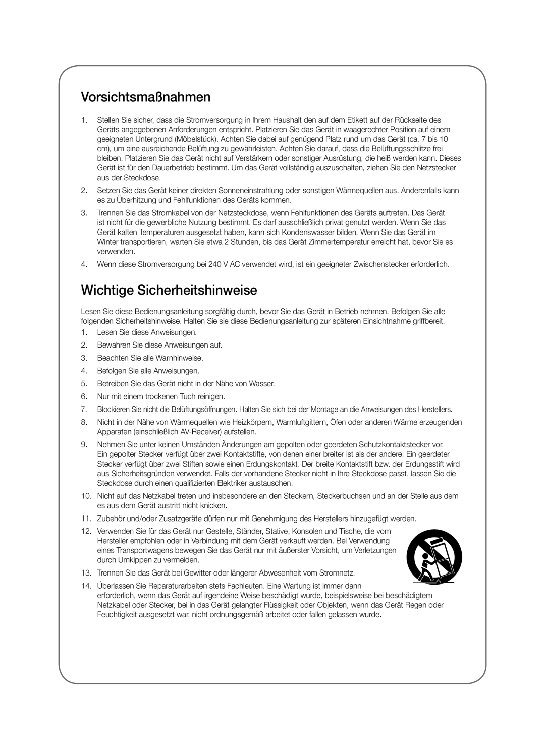 Samsung SWA-8000S/XE, SWA-8000S/EN, SWA-8000S/ZF, SWA-8000S/XN manual Vorsichtsmaßnahmen, Wichtige Sicherheitshinweise 