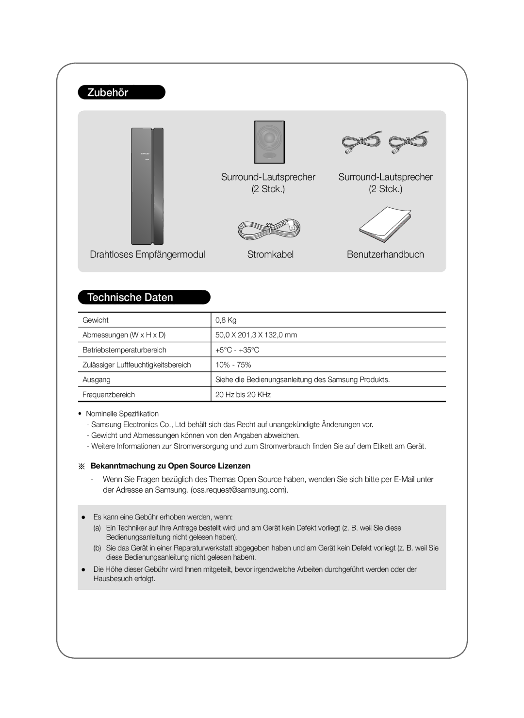 Samsung SWA-8000S/EN, SWA-8000S/ZF, SWA-8000S/XN manual Zubehör, Technische Daten, Bekanntmachung zu Open Source Lizenzen 