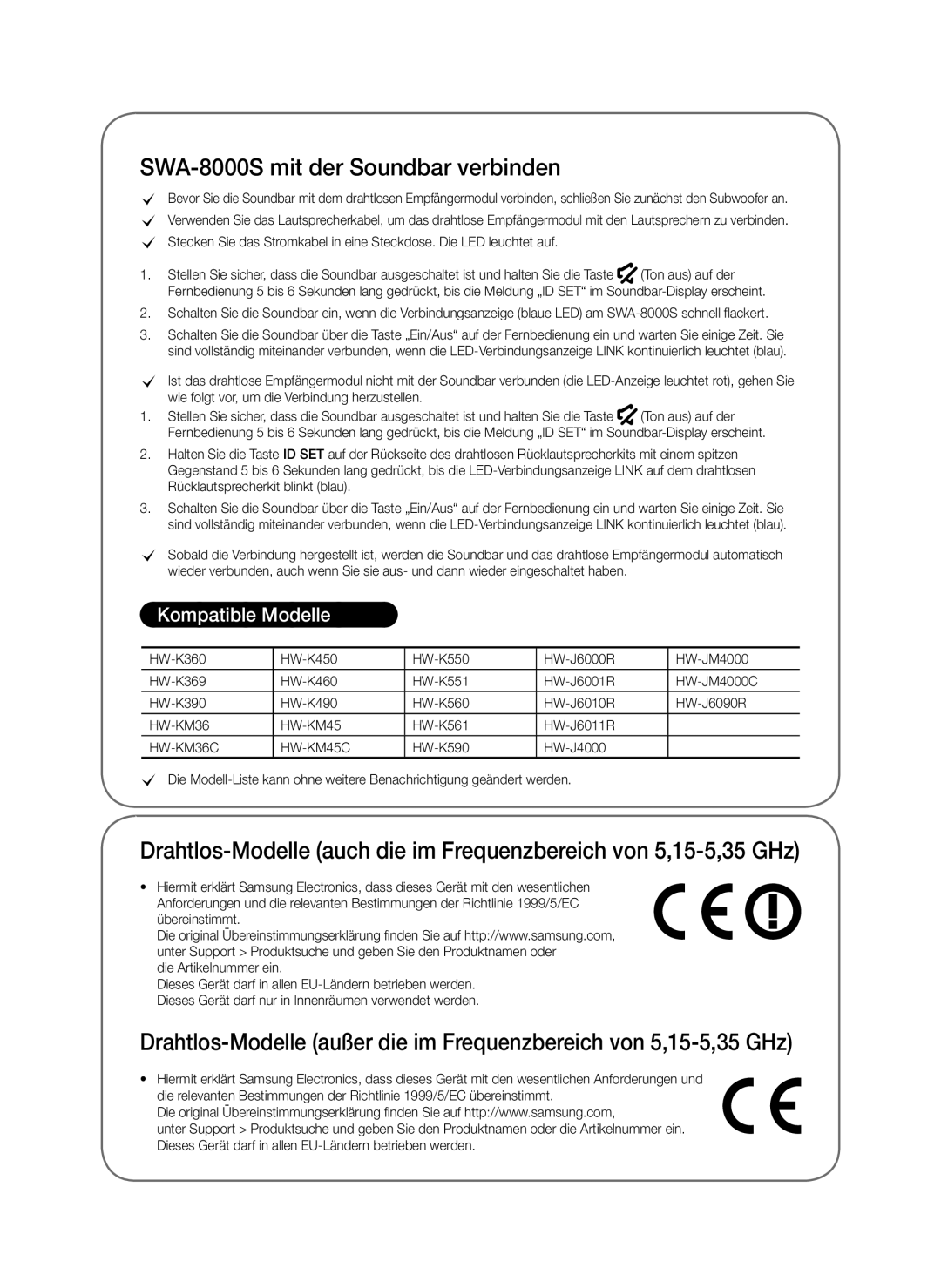 Samsung SWA-8000S/ZF, SWA-8000S/EN, SWA-8000S/XN, SWA-8000S/XE manual SWA-8000S mit der Soundbar verbinden, Kompatible Modelle 