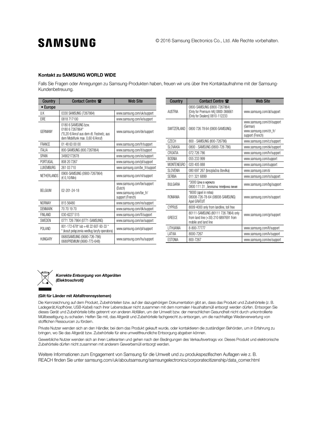 Samsung SWA-8000S/XN, SWA-8000S/EN, SWA-8000S/ZF Kontakt zu Samsung World Wide, Gilt für Länder mit Abfalltrennsystemen 