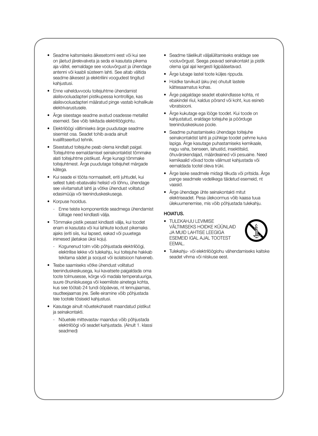 Samsung SWA-8000S/EN, SWA-8000S/ZF, SWA-8000S/XN manual Hoiatus, JA Muid Lahtise Leegiga Esemeid Igal Ajal Tootest Eemal 