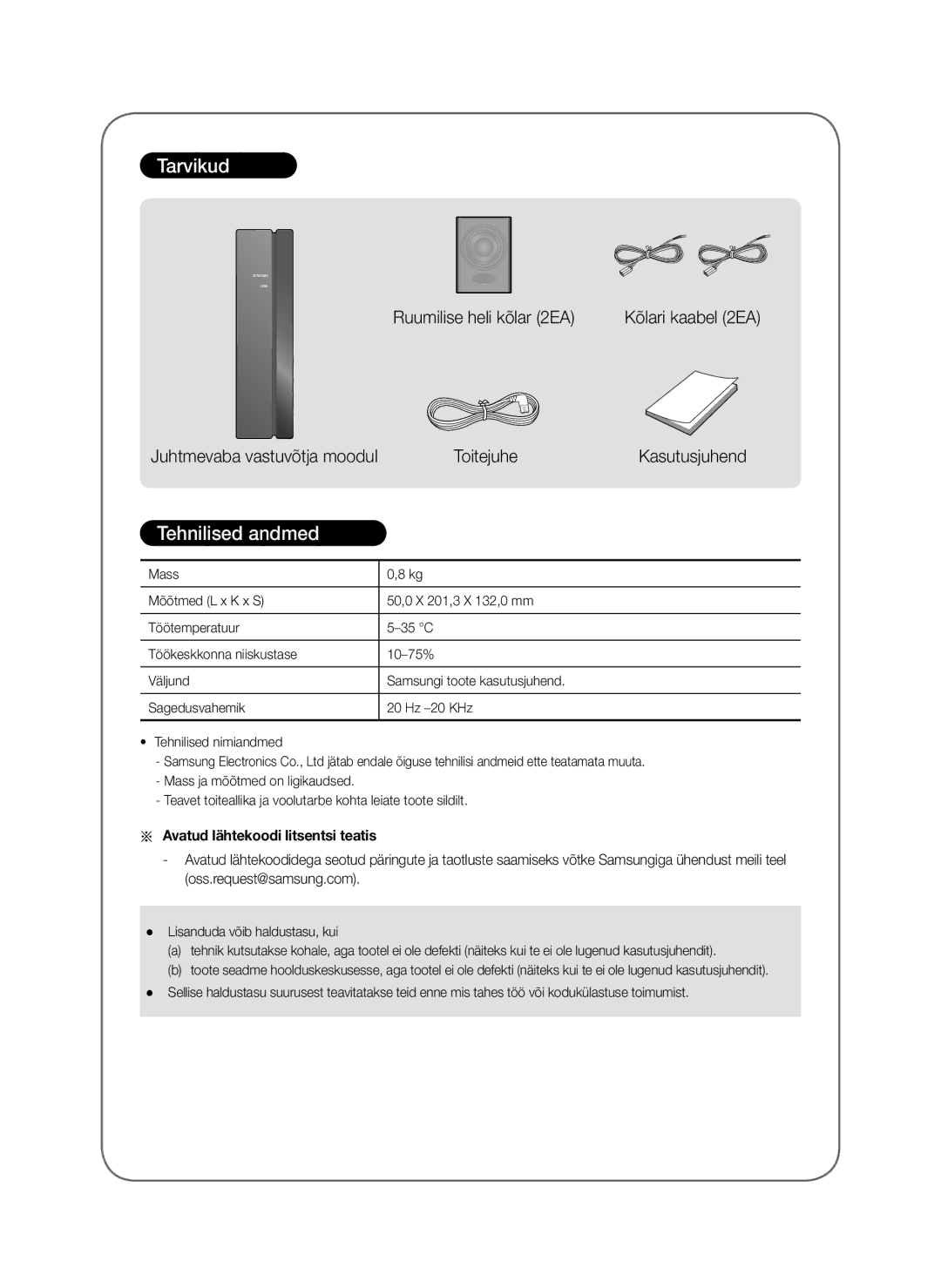 Samsung SWA-8000S/XN, SWA-8000S/EN, SWA-8000S/ZF manual Tarvikud, Tehnilised andmed, Avatud lähtekoodi litsentsi teatis 