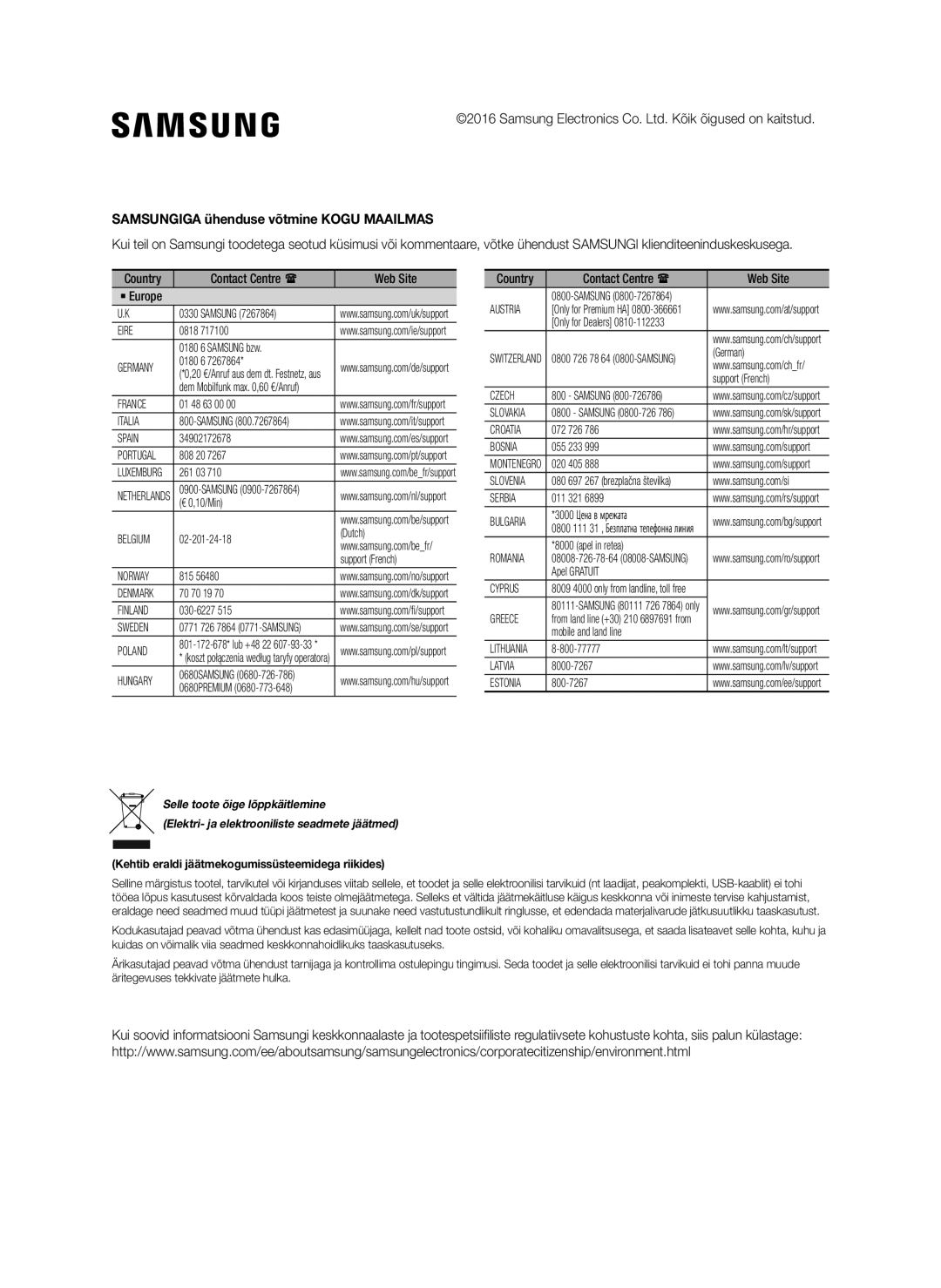 Samsung SWA-8000S/EN manual Samsungiga ühenduse võtmine Kogu Maailmas, Kehtib eraldi jäätmekogumissüsteemidega riikides 