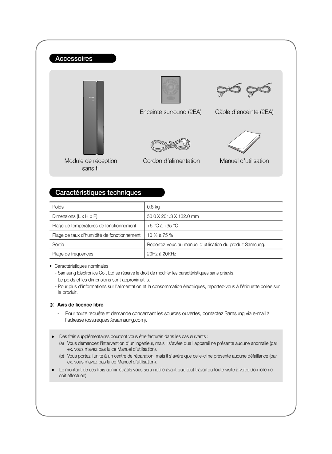 Samsung SWA-8000S/EN, SWA-8000S/ZF, SWA-8000S/XN manual Accessoires, Caractéristiques techniques, Avis de licence libre 