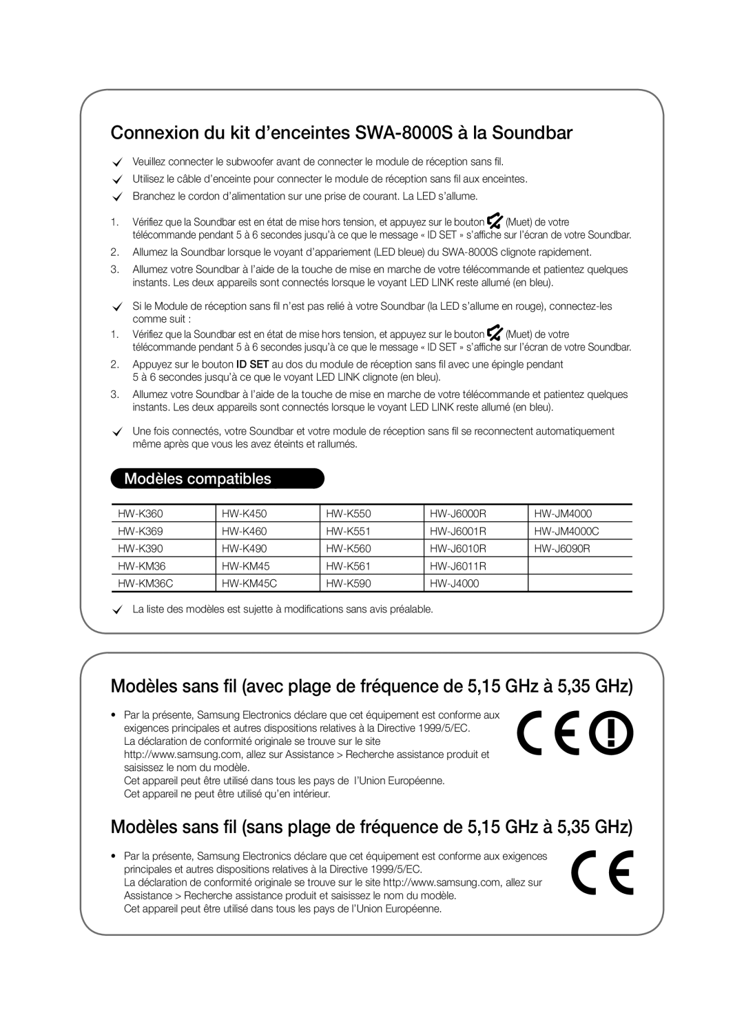 Samsung SWA-8000S/ZF, SWA-8000S/EN, SWA-8000S/XN Connexion du kit d’enceintes SWA-8000S à la Soundbar, Modèles compatibles 