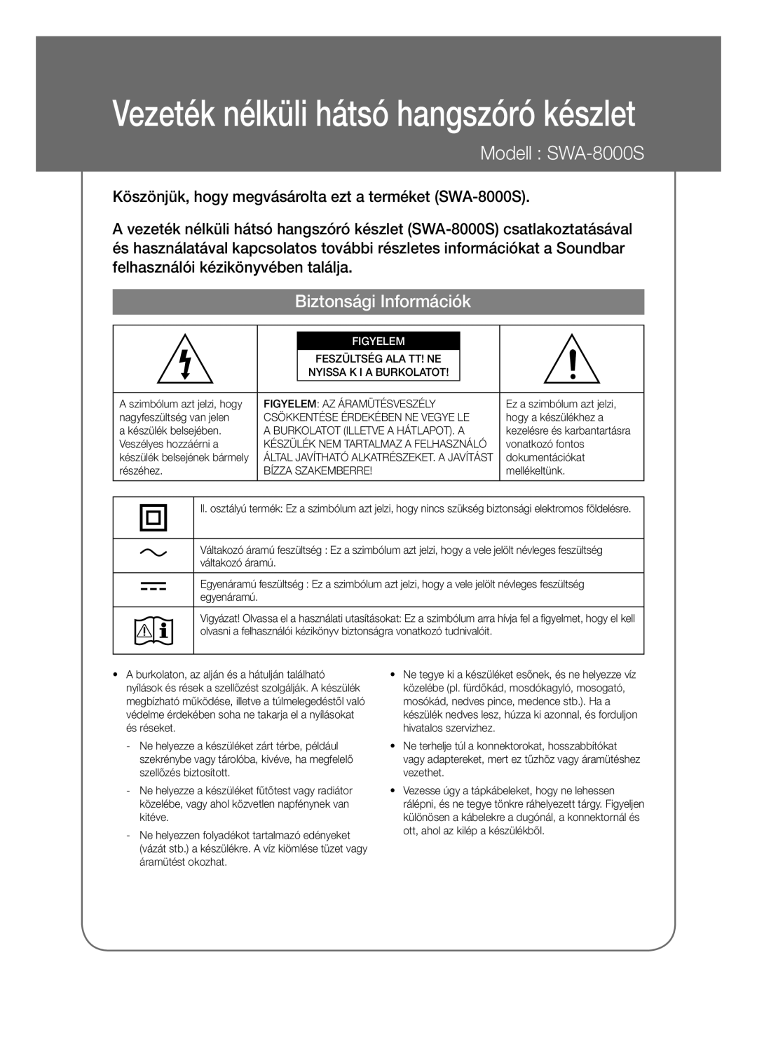 Samsung SWA-8000S/ZF, SWA-8000S/EN, SWA-8000S/XN, SWA-8000S/XE manual Biztonsági Információk, Figyelem 