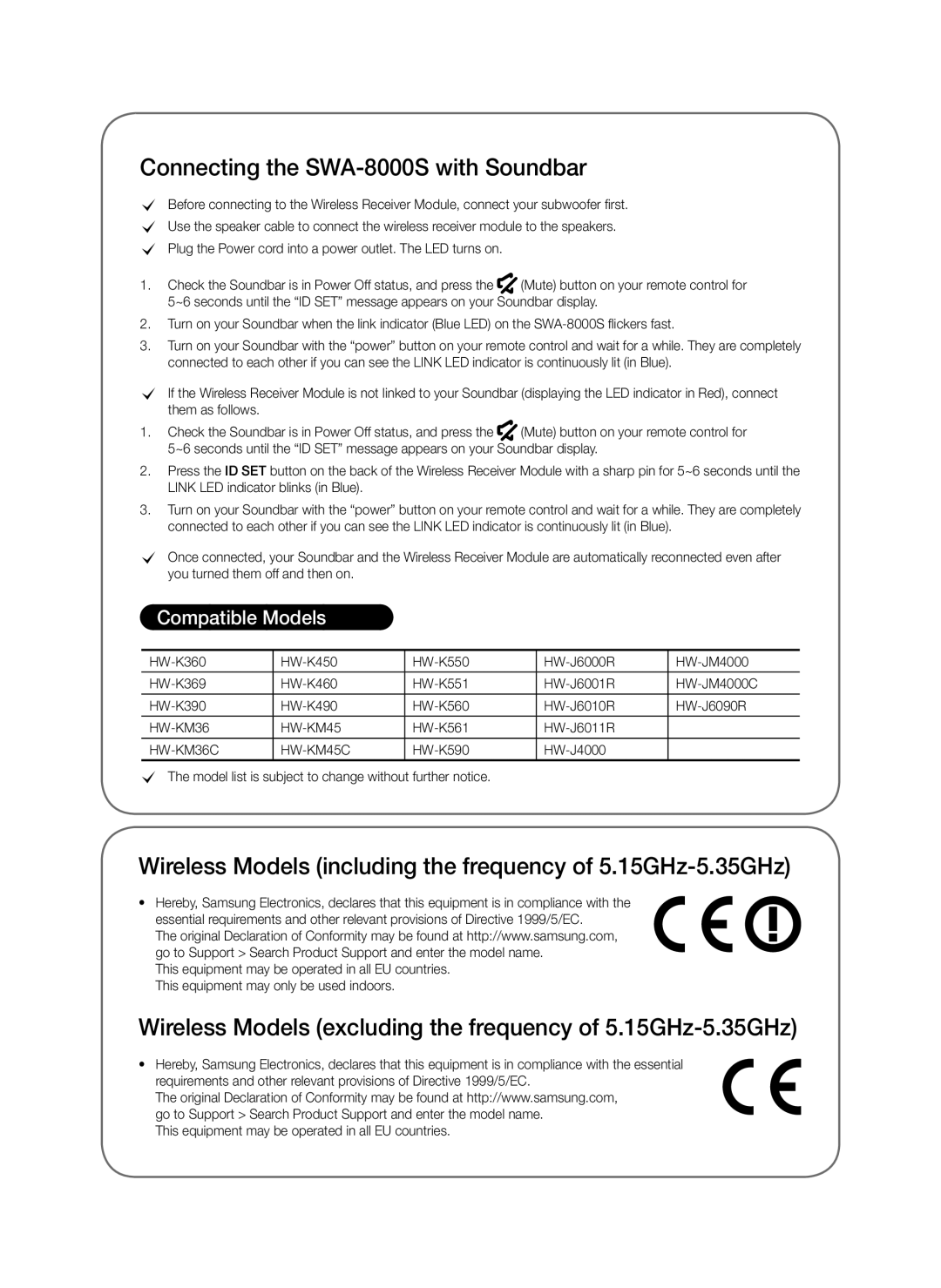 Samsung SWA-8000S/ZF Connecting the SWA-8000S with Soundbar, Wireless Models including the frequency of 5.15GHz-5.35GHz 