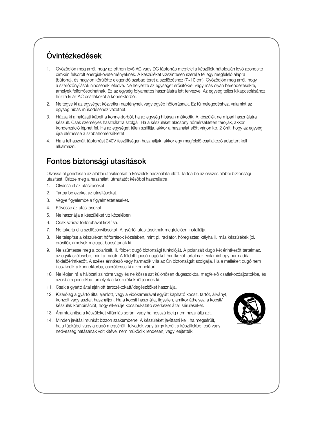 Samsung SWA-8000S/XE, SWA-8000S/EN, SWA-8000S/ZF, SWA-8000S/XN manual Óvintézkedések, Fontos biztonsági utasítások 