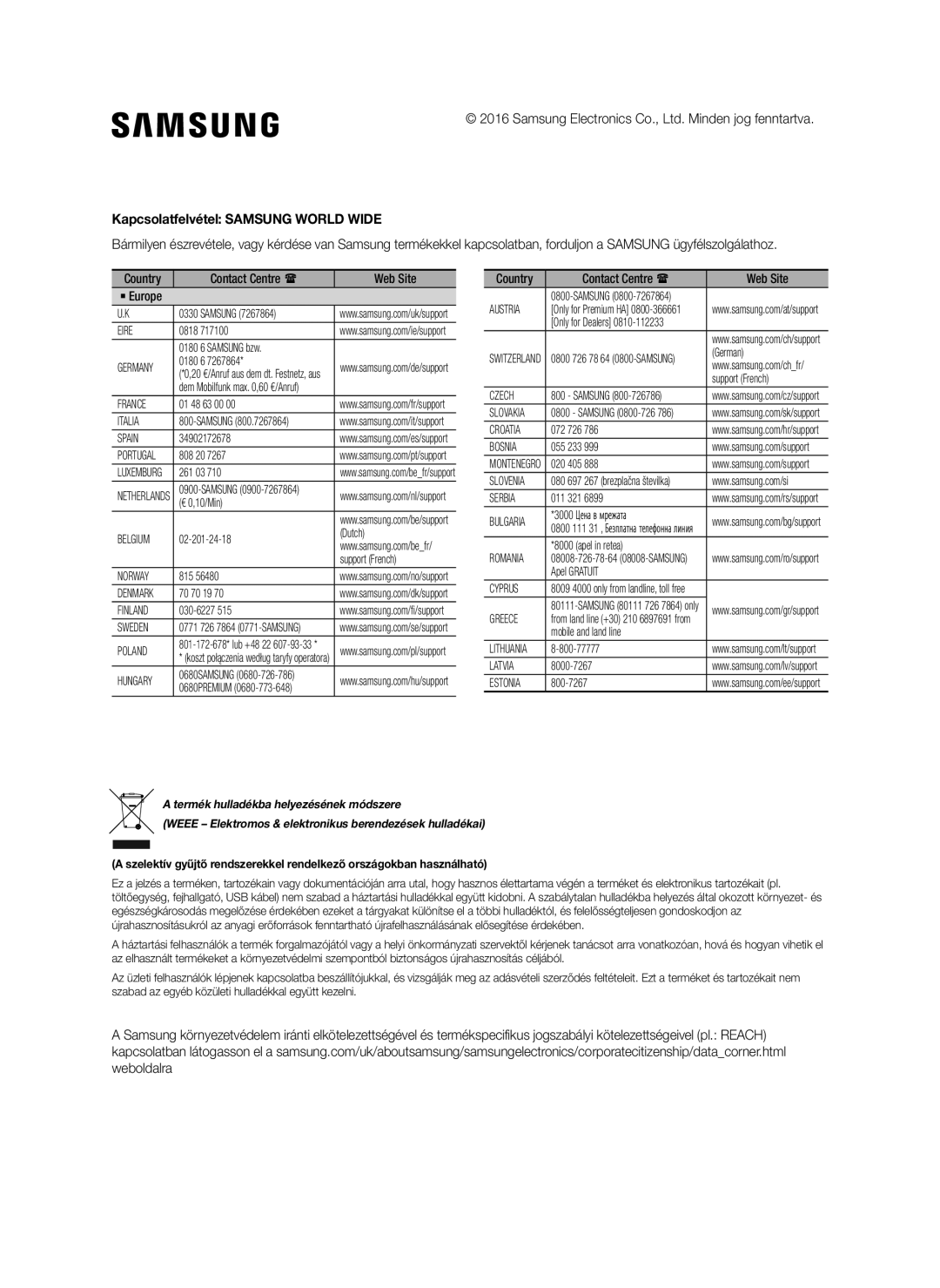 Samsung SWA-8000S/XN, SWA-8000S/EN, SWA-8000S/ZF, SWA-8000S/XE manual Kapcsolatfelvétel Samsung World Wide 