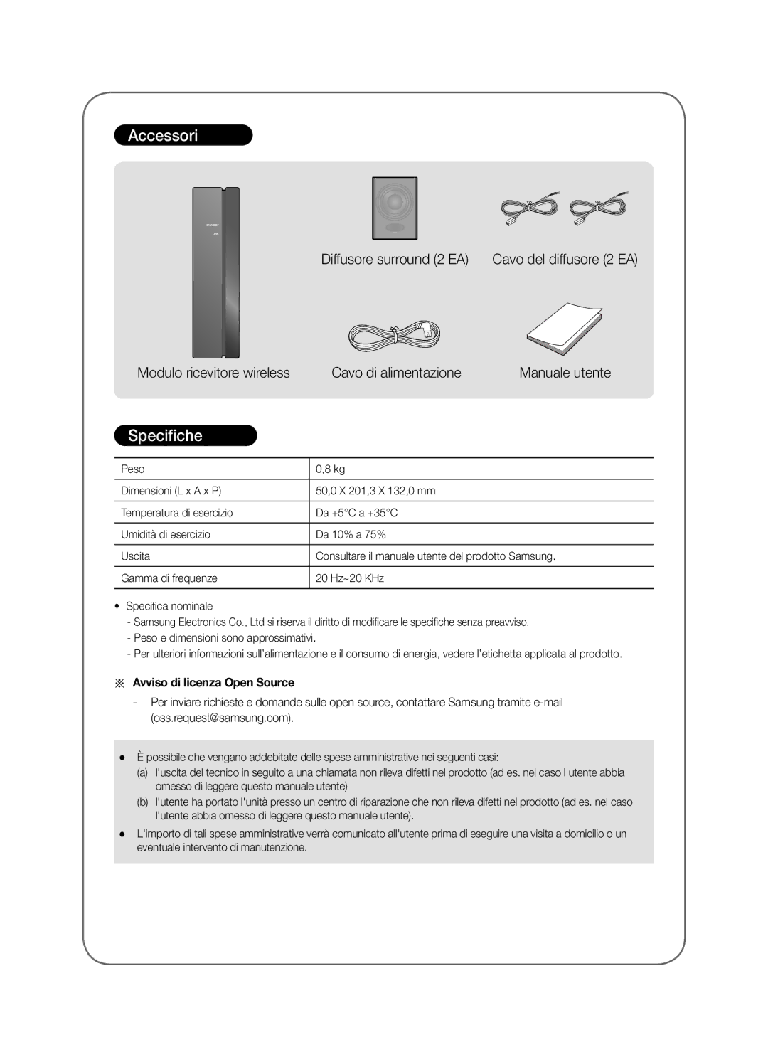 Samsung SWA-8000S/XN, SWA-8000S/EN, SWA-8000S/ZF, SWA-8000S/XE manual Accessori, Specifiche, Avviso di licenza Open Source 