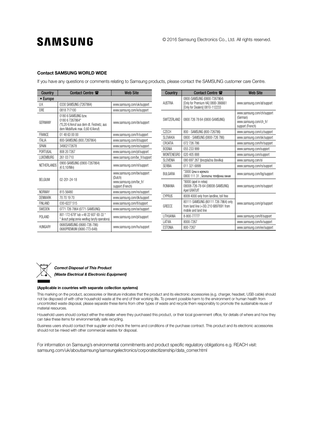 Samsung SWA-8000S/XN, SWA-8000S/EN Contact Samsung World Wide, Applicable in countries with separate collection systems 