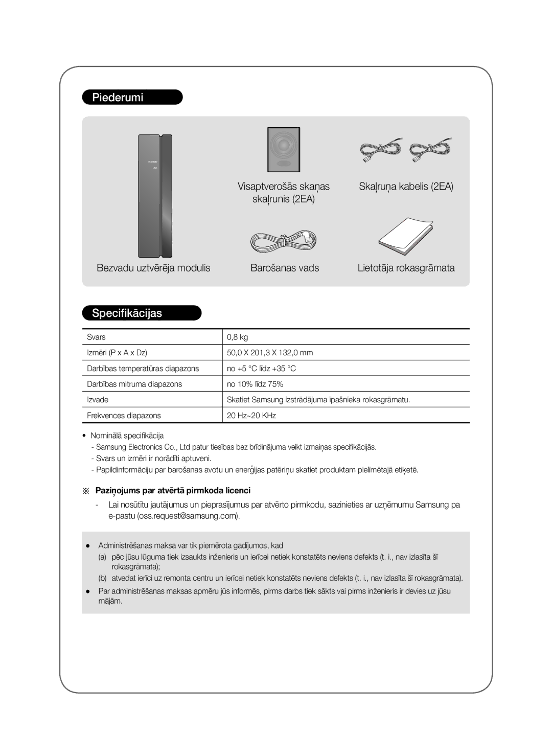 Samsung SWA-8000S/EN, SWA-8000S/ZF, SWA-8000S/XN manual Piederumi, Specifikācijas, Paziņojums par atvērtā pirmkoda licenci 