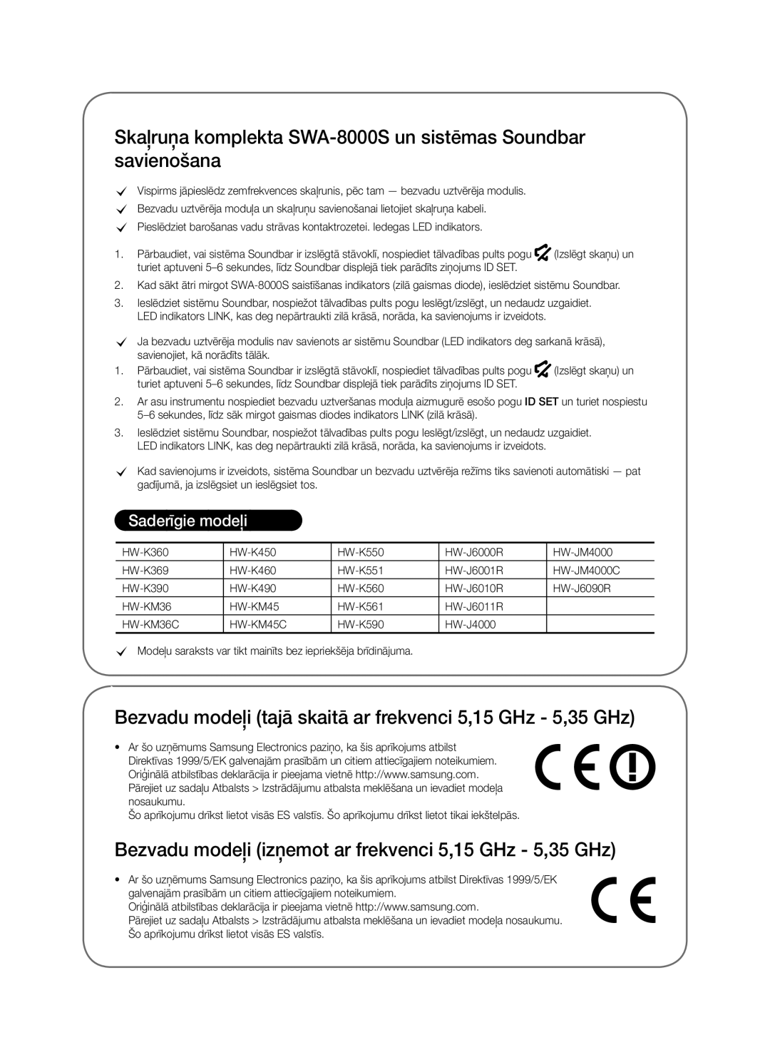 Samsung SWA-8000S/ZF, SWA-8000S/EN manual Bezvadu modeļi tajā skaitā ar frekvenci 5,15 GHz 5,35 GHz, Saderīgie modeļi 