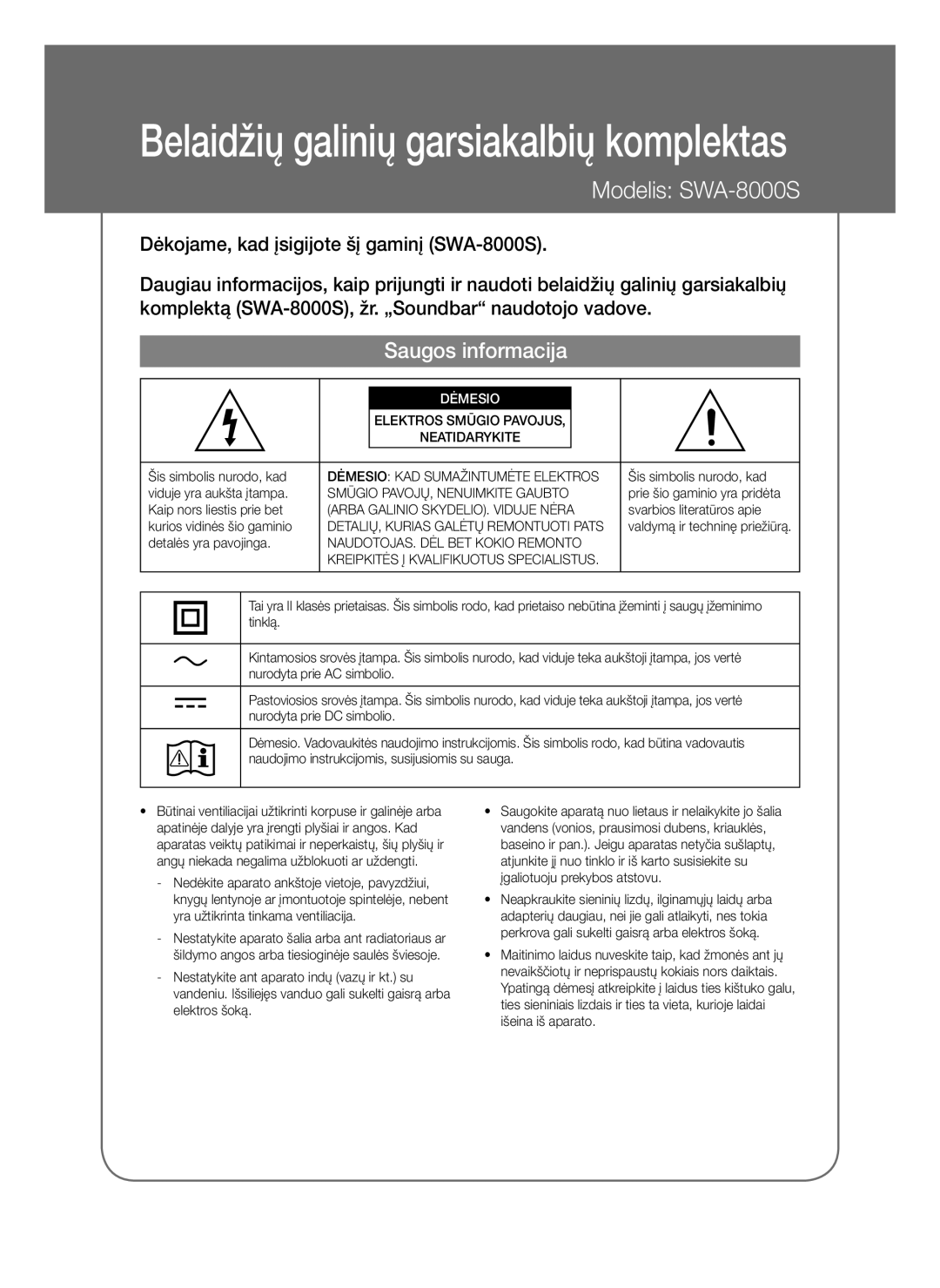 Samsung SWA-8000S/XE Saugos informacija, Dėmesio, Smūgio PAVOJŲ, Nenuimkite Gaubto, Arba Galinio SKYDELIO. Viduje Nėra 