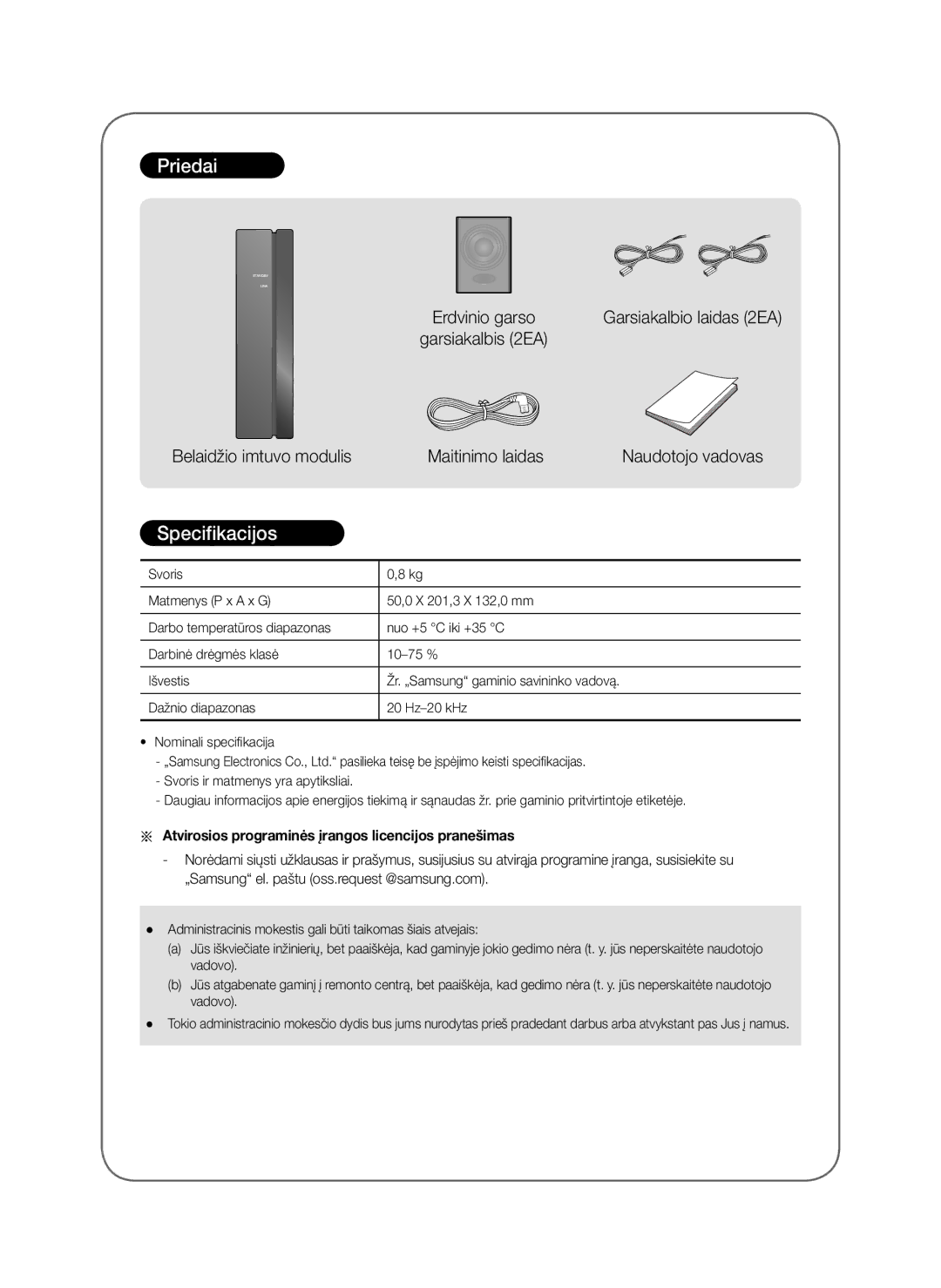 Samsung SWA-8000S/XN, SWA-8000S/EN manual Priedai, Specifikacijos, Atvirosios programinės įrangos licencijos pranešimas 