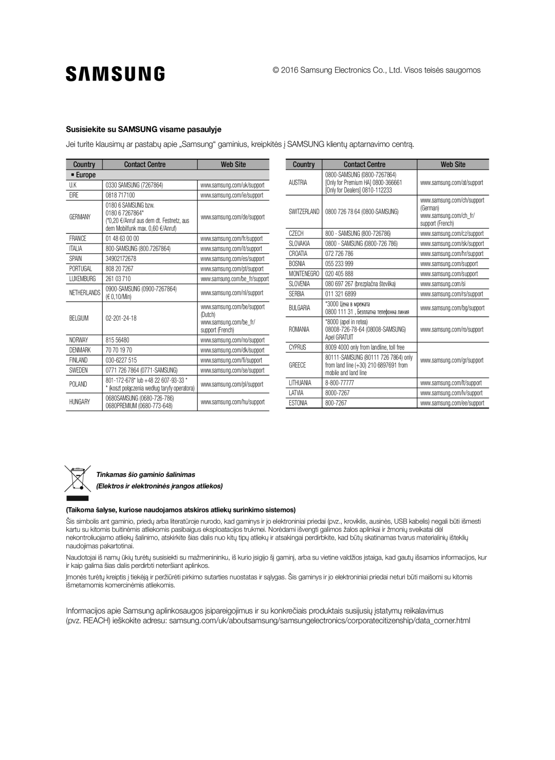 Samsung SWA-8000S/EN, SWA-8000S/ZF, SWA-8000S/XN, SWA-8000S/XE manual Susisiekite su Samsung visame pasaulyje 