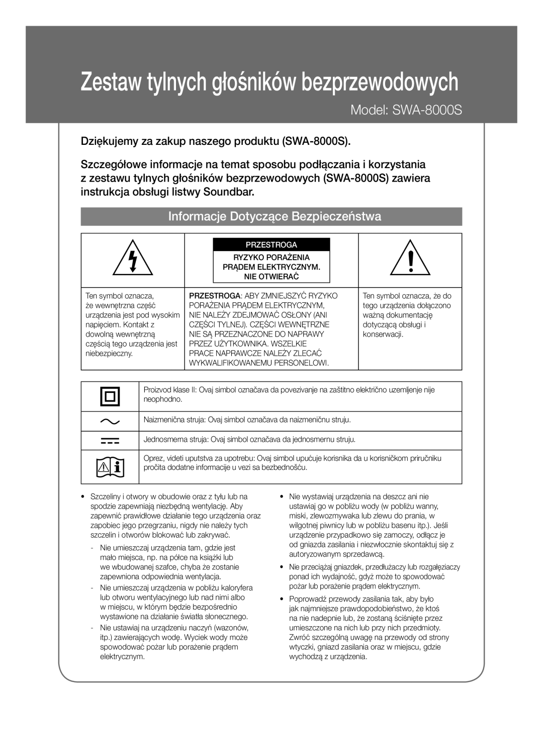 Samsung SWA-8000S/ZF, SWA-8000S/EN, SWA-8000S/XN, SWA-8000S/XE manual Informacje Dotyczące Bezpieczeństwa, Przestroga 