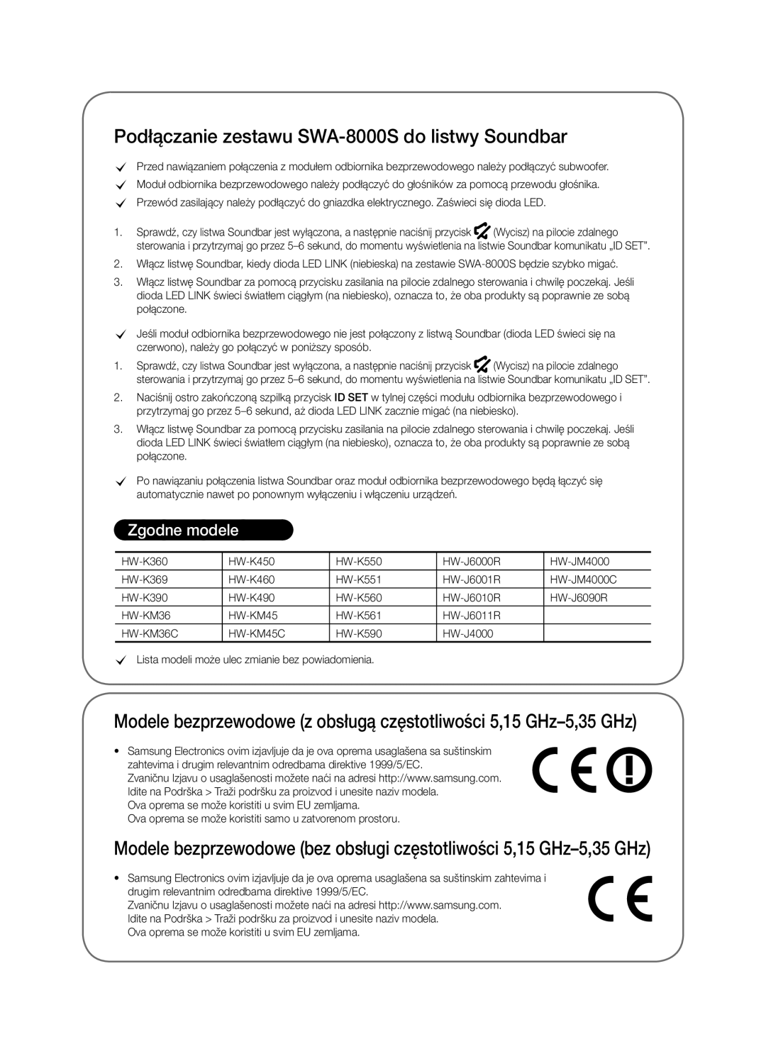 Samsung SWA-8000S/ZF, SWA-8000S/EN, SWA-8000S/XN manual Podłączanie zestawu SWA-8000S do listwy Soundbar, Zgodne modele 