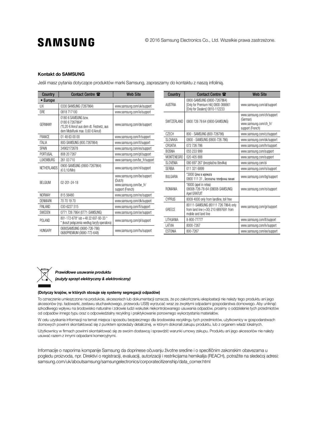 Samsung SWA-8000S/XN, SWA-8000S/EN, SWA-8000S/ZF, SWA-8000S/XE manual Kontakt do Samsung 