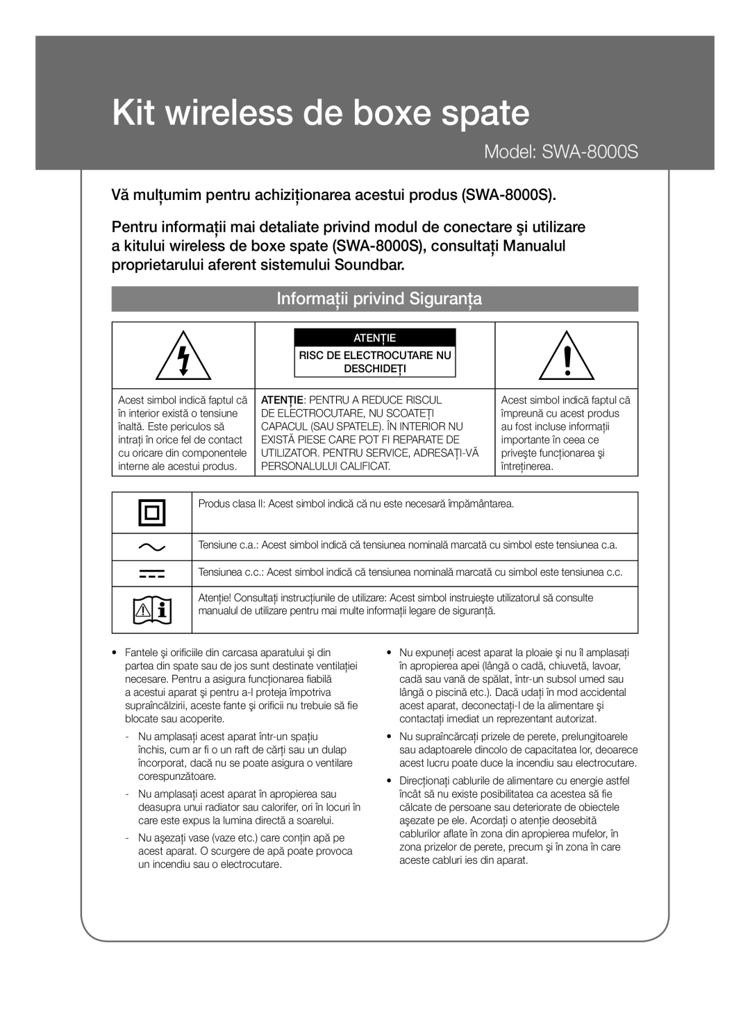 Samsung SWA-8000S/XE, SWA-8000S/EN, SWA-8000S/ZF, SWA-8000S/XN manual Informaţii privind Siguranţa, Atenţie 