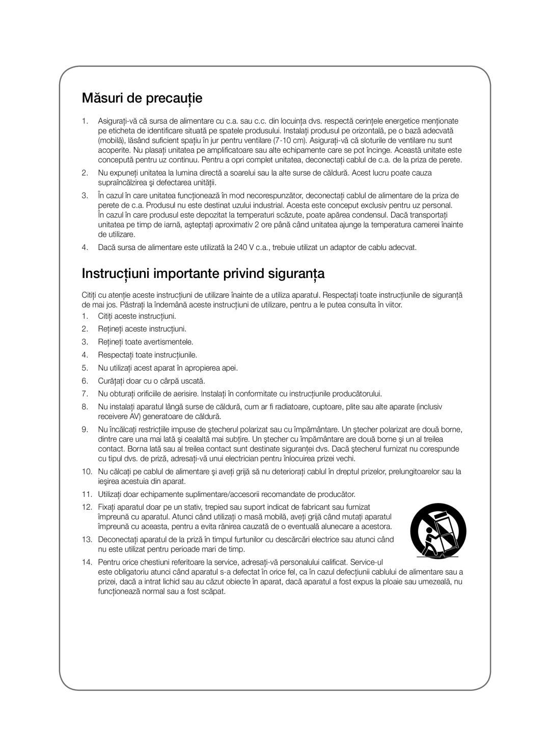 Samsung SWA-8000S/ZF, SWA-8000S/EN, SWA-8000S/XN manual Măsuri de precauţie, Instrucţiuni importante privind siguranţa 