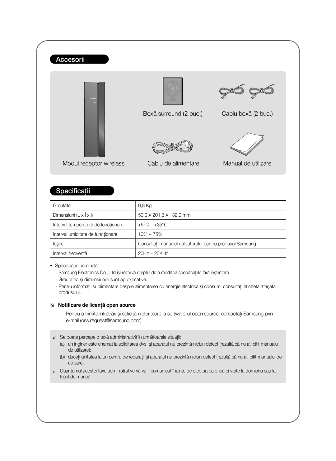 Samsung SWA-8000S/XN, SWA-8000S/EN, SWA-8000S/ZF, SWA-8000S/XE Accesorii, Specificaţii, Notificare de licenţă open source 