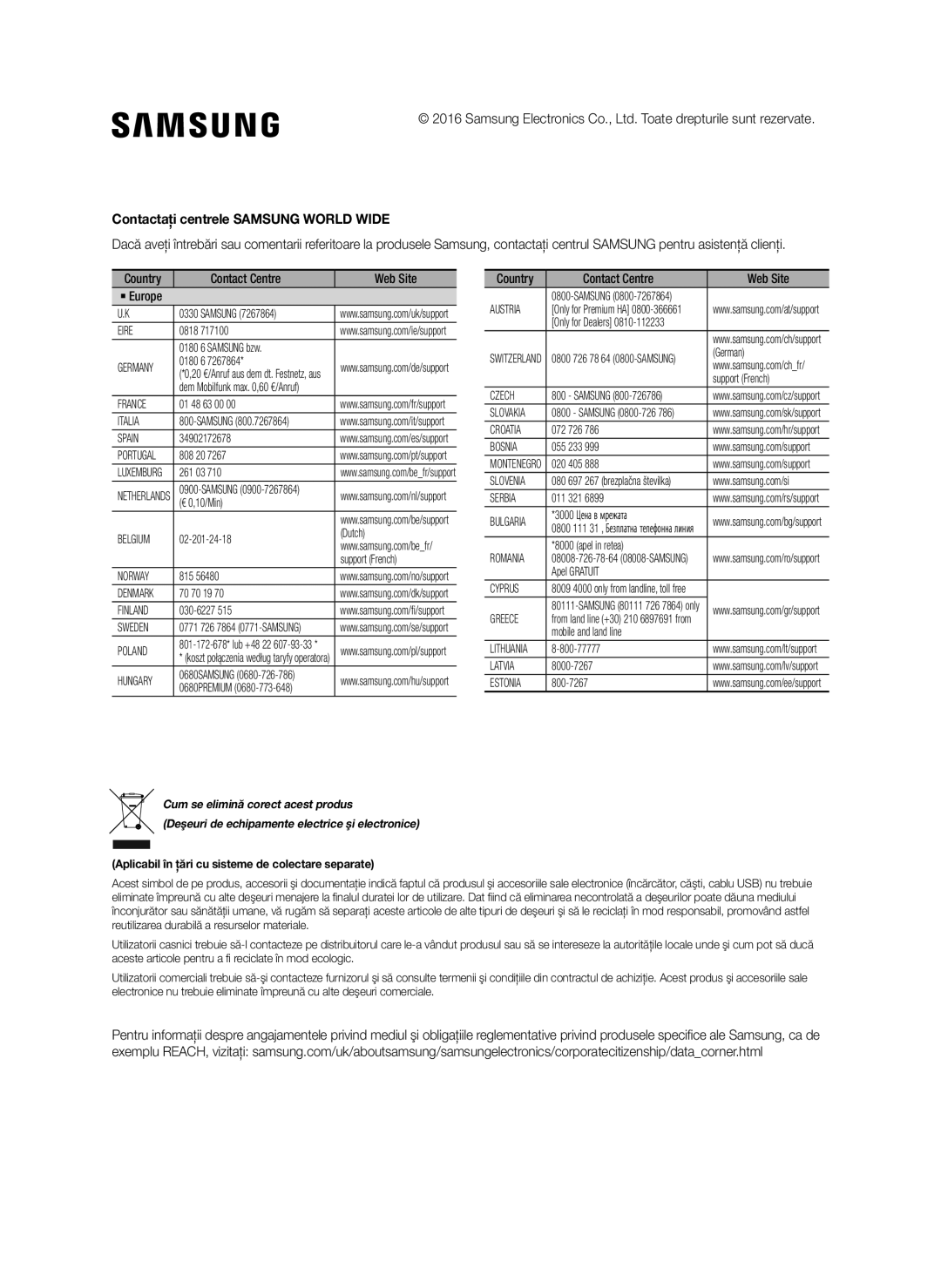 Samsung SWA-8000S/EN manual Contactaţi centrele Samsung World Wide, Aplicabil în ţări cu sisteme de colectare separate 